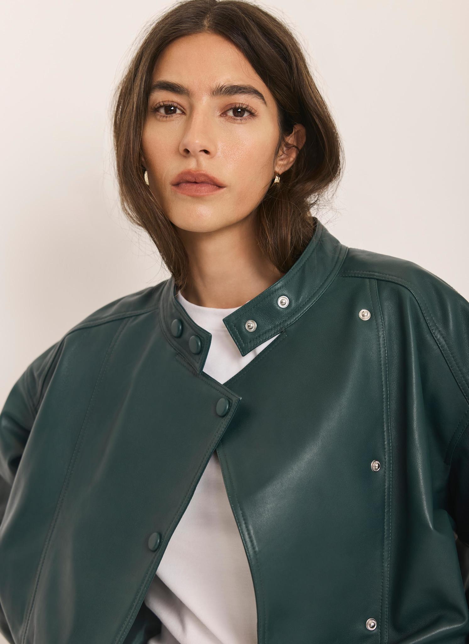Teal Leather Cropped Pilot Bomber Jacket