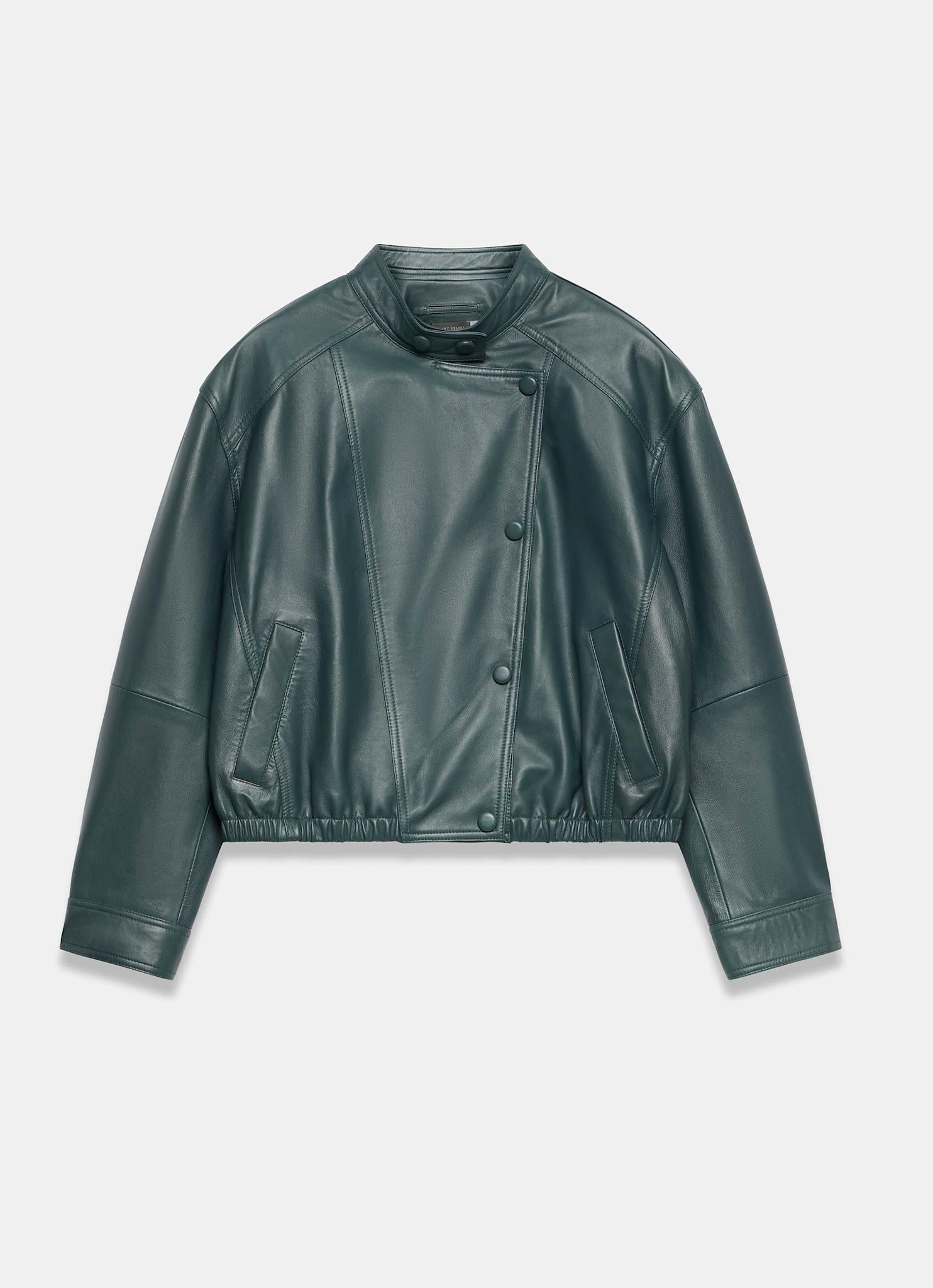Teal Leather Cropped Pilot Bomber Jacket