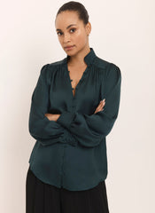 Teal Satin Long Sleeve Blouse