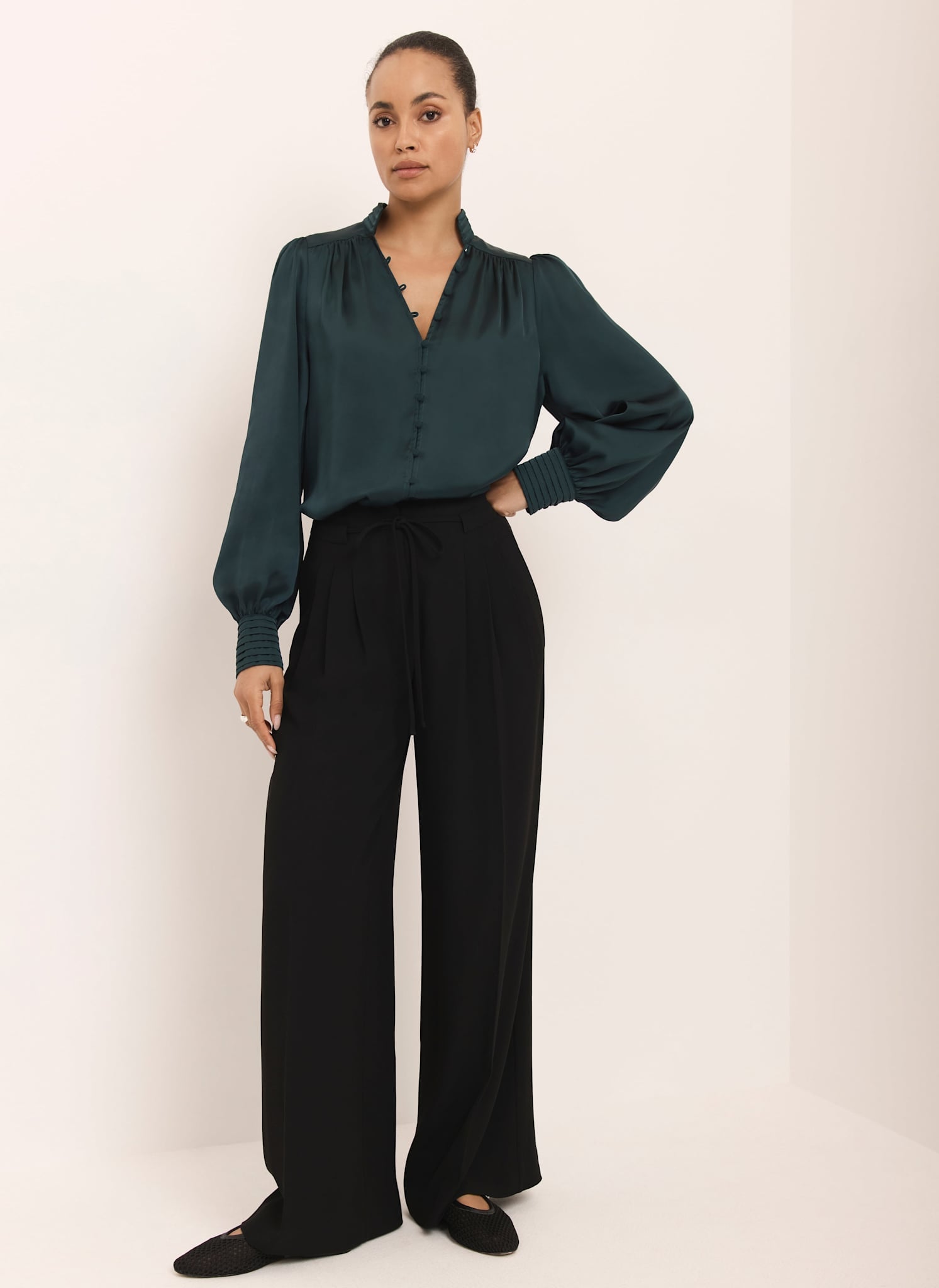Teal Satin Long Sleeve Blouse