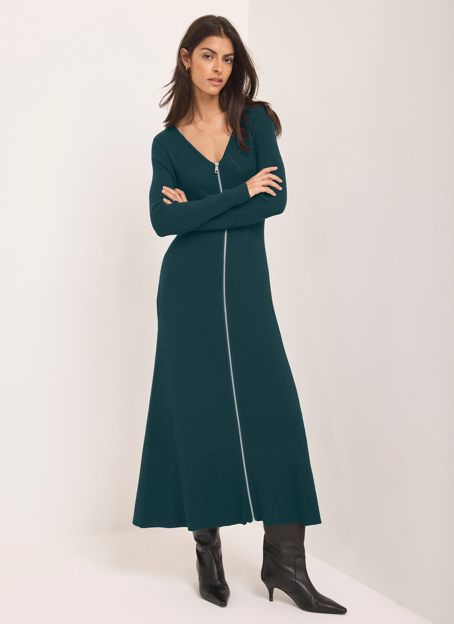 Teal Knit Zip Detail Maxi Dress