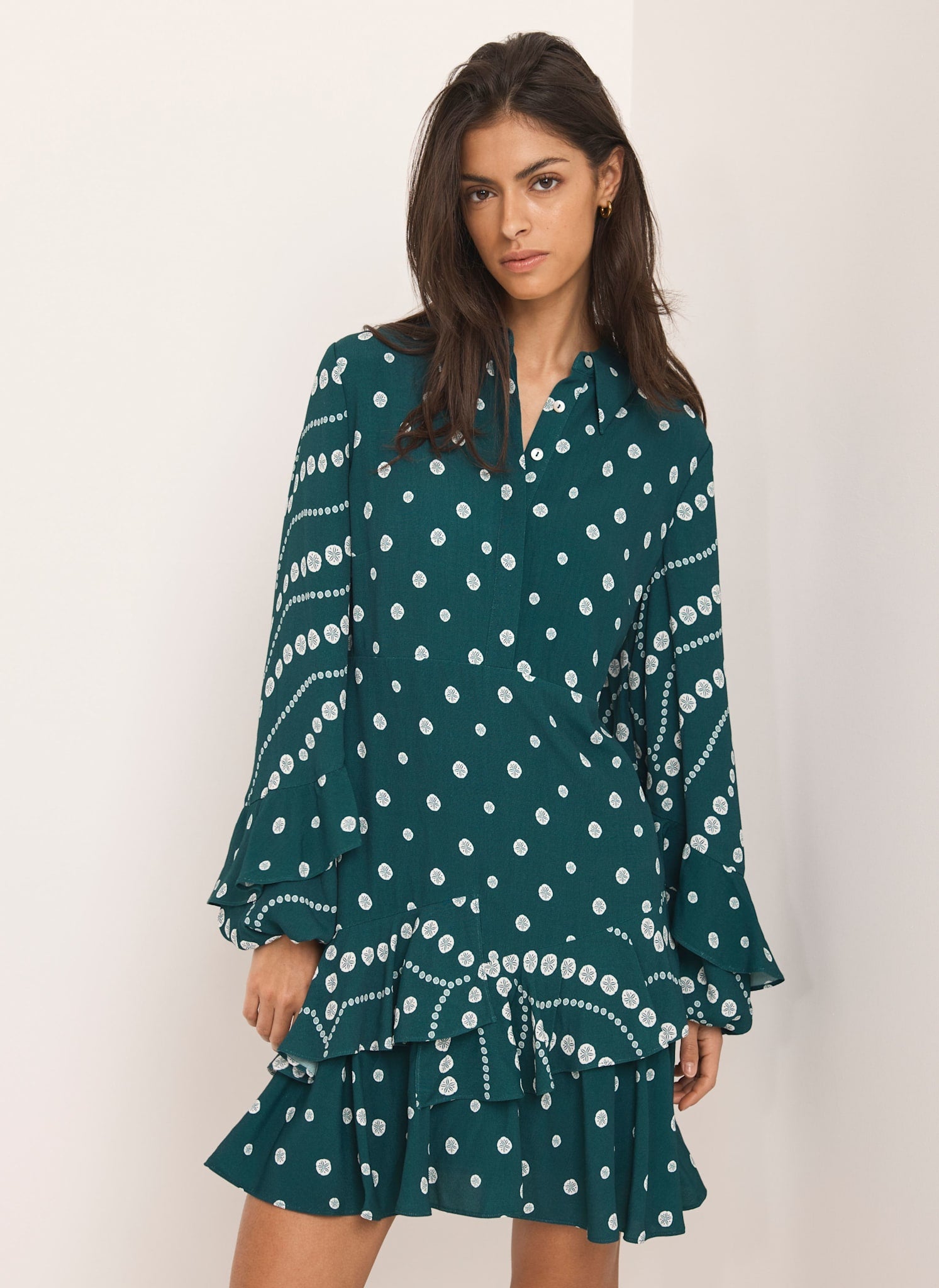 Teal Printed Ruffle Mini Dress