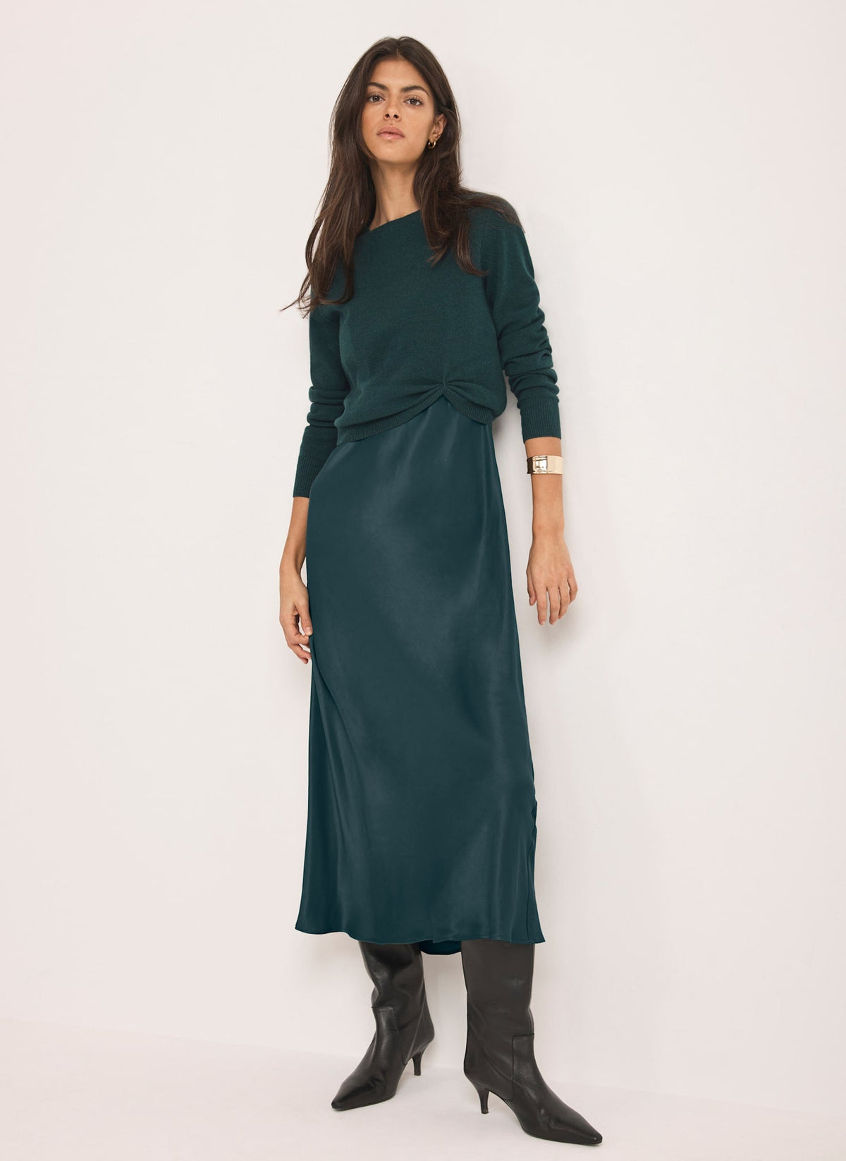 Teal Layered Satin Midi Dress