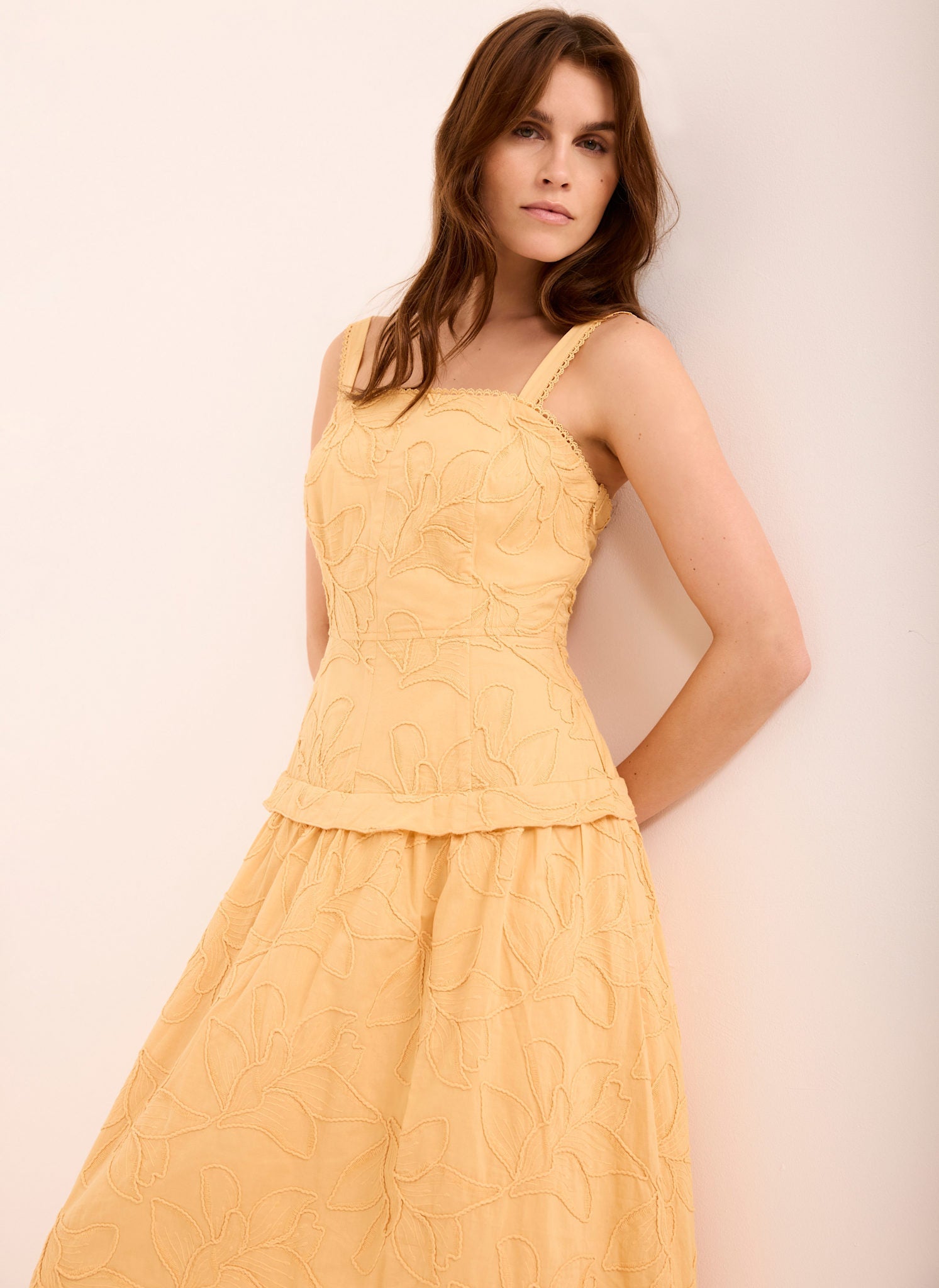 Yellow Cotton Floral Midi Dress