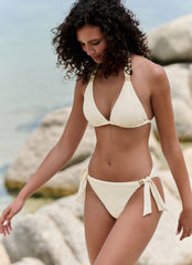 Cream Textured Tie Side Bikini Bottoms