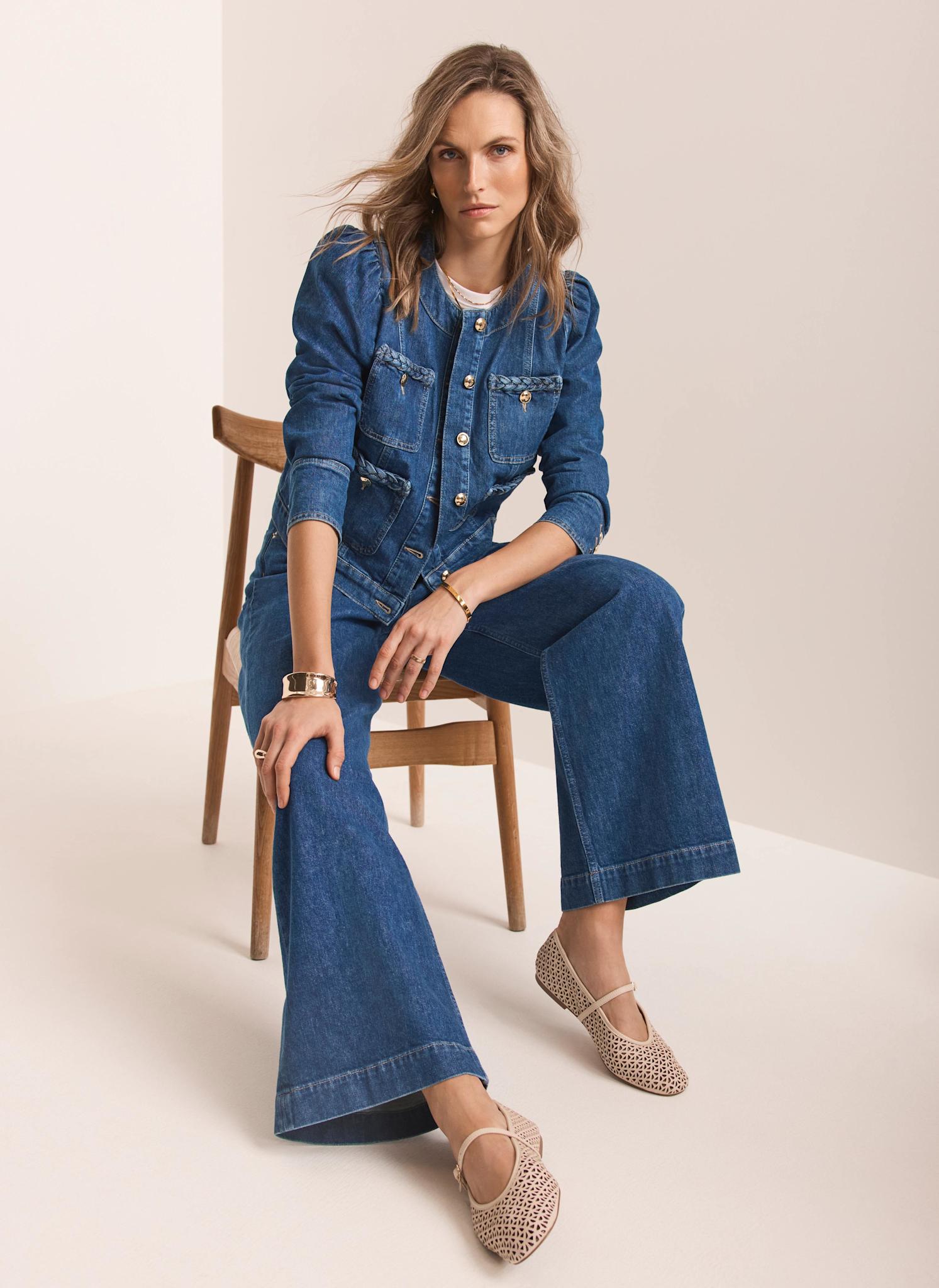 Indigo Denim Plait Detail Wide Jeans