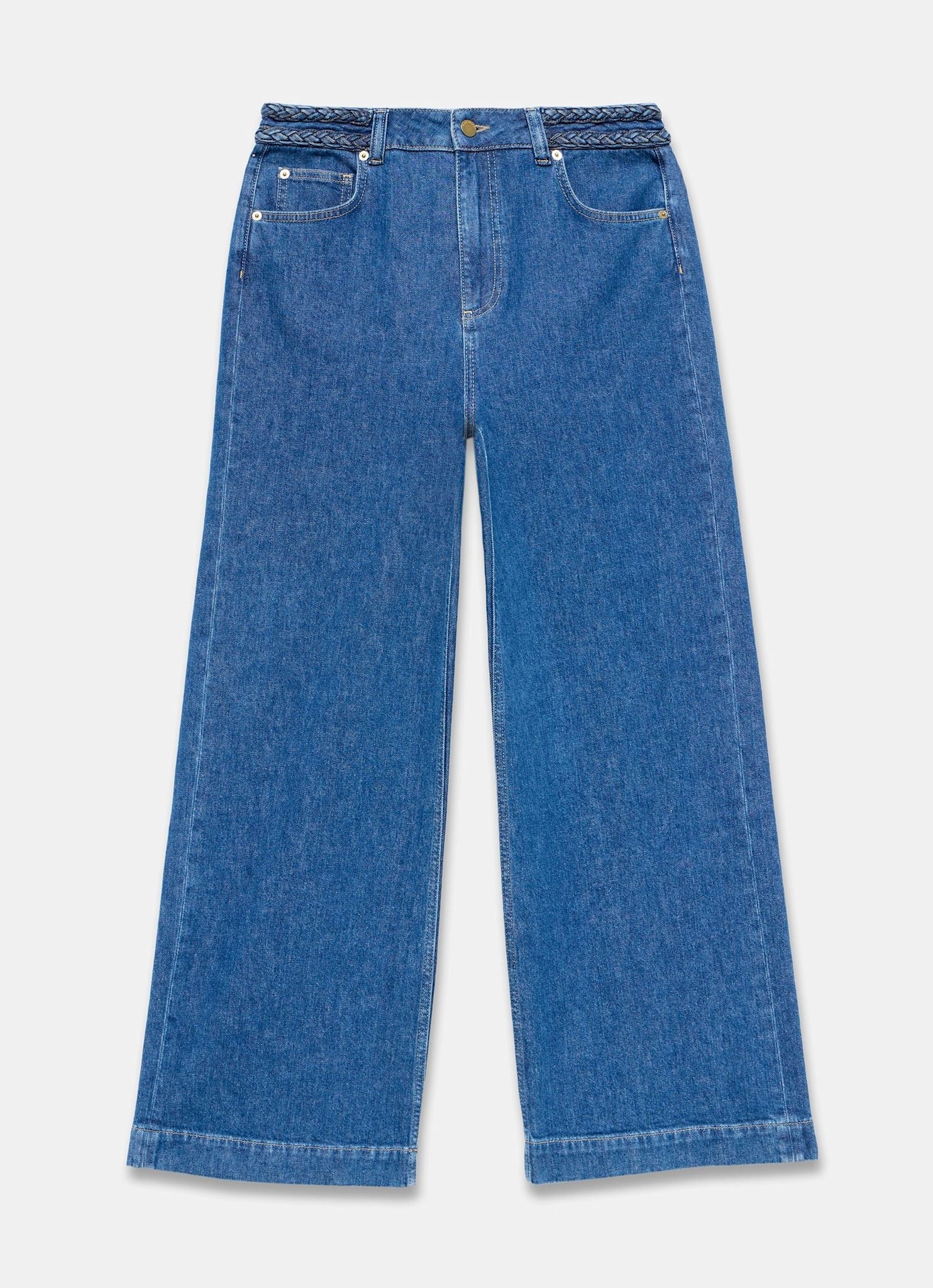 Indigo Denim Plait Detail Wide Jeans