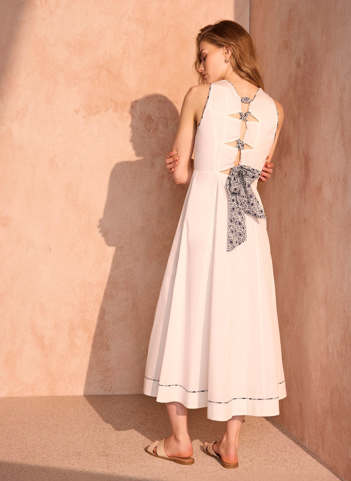 White Cotton Tie Detail Midi Dress