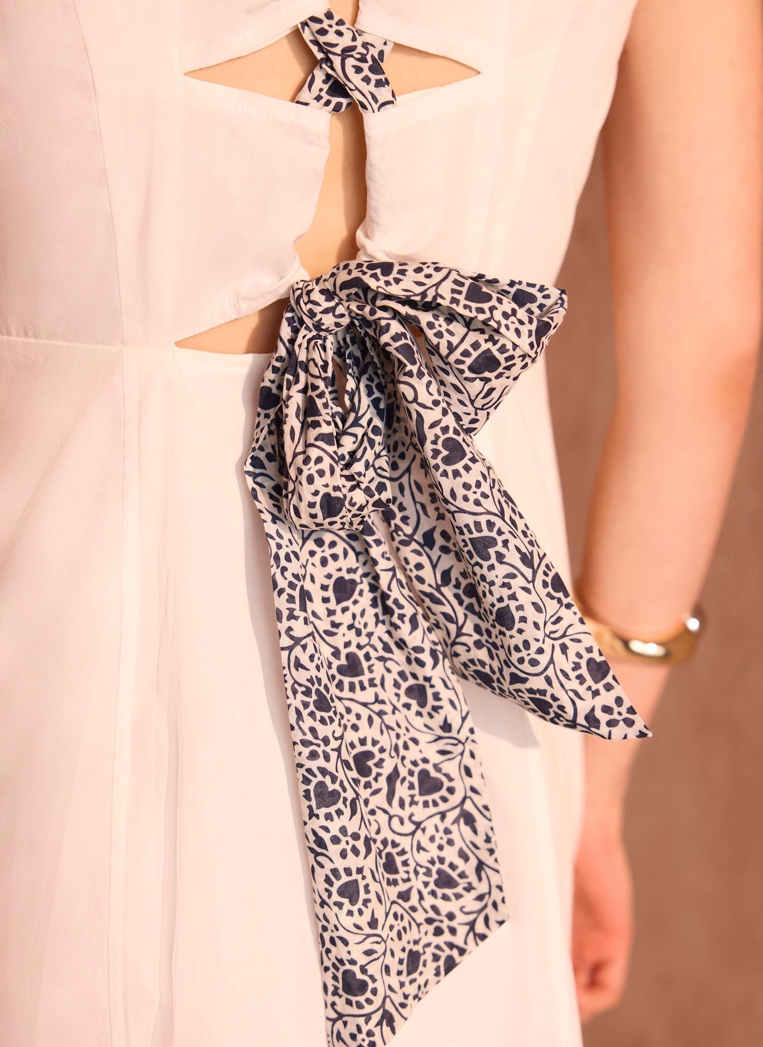 White Cotton Tie Detail Midi Dress