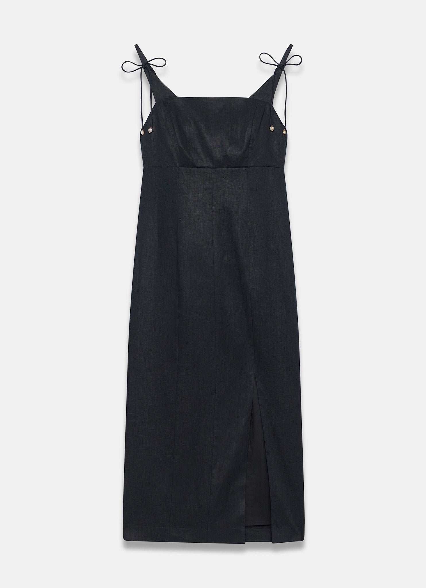 Black Linen Bow Detail Midi Dress
