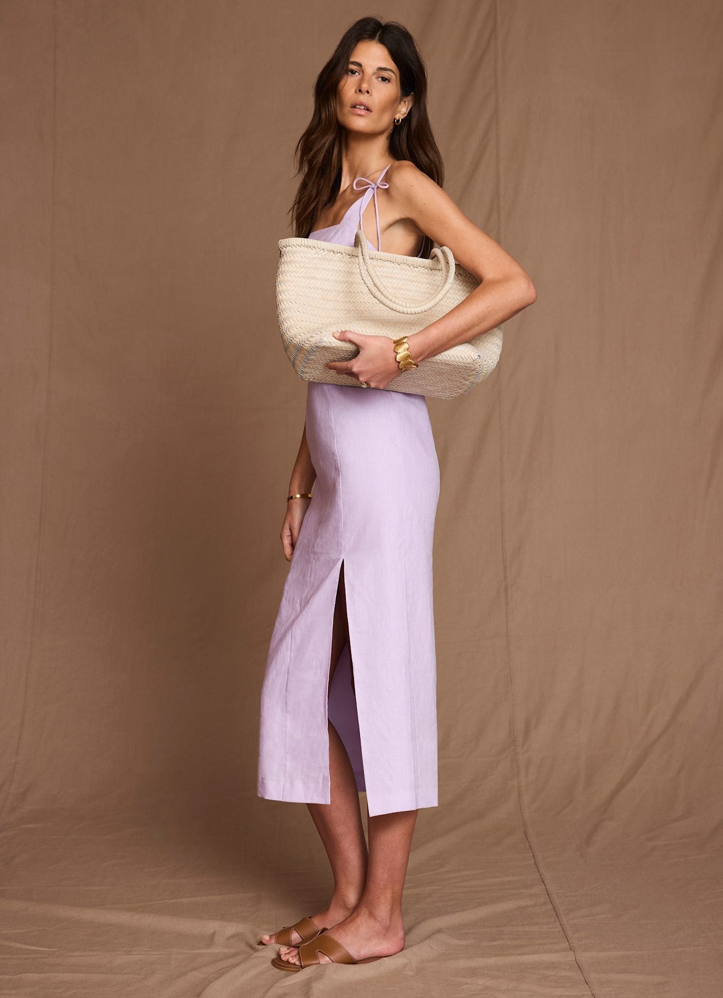 Lilac Linen Bow Detail Midi Dress