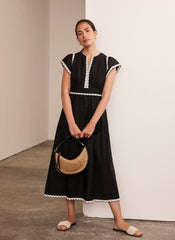 Black Cotton Scallop Trim Midi Dress