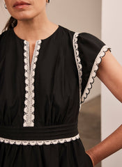 Black Cotton Scallop Trim Midi Dress
