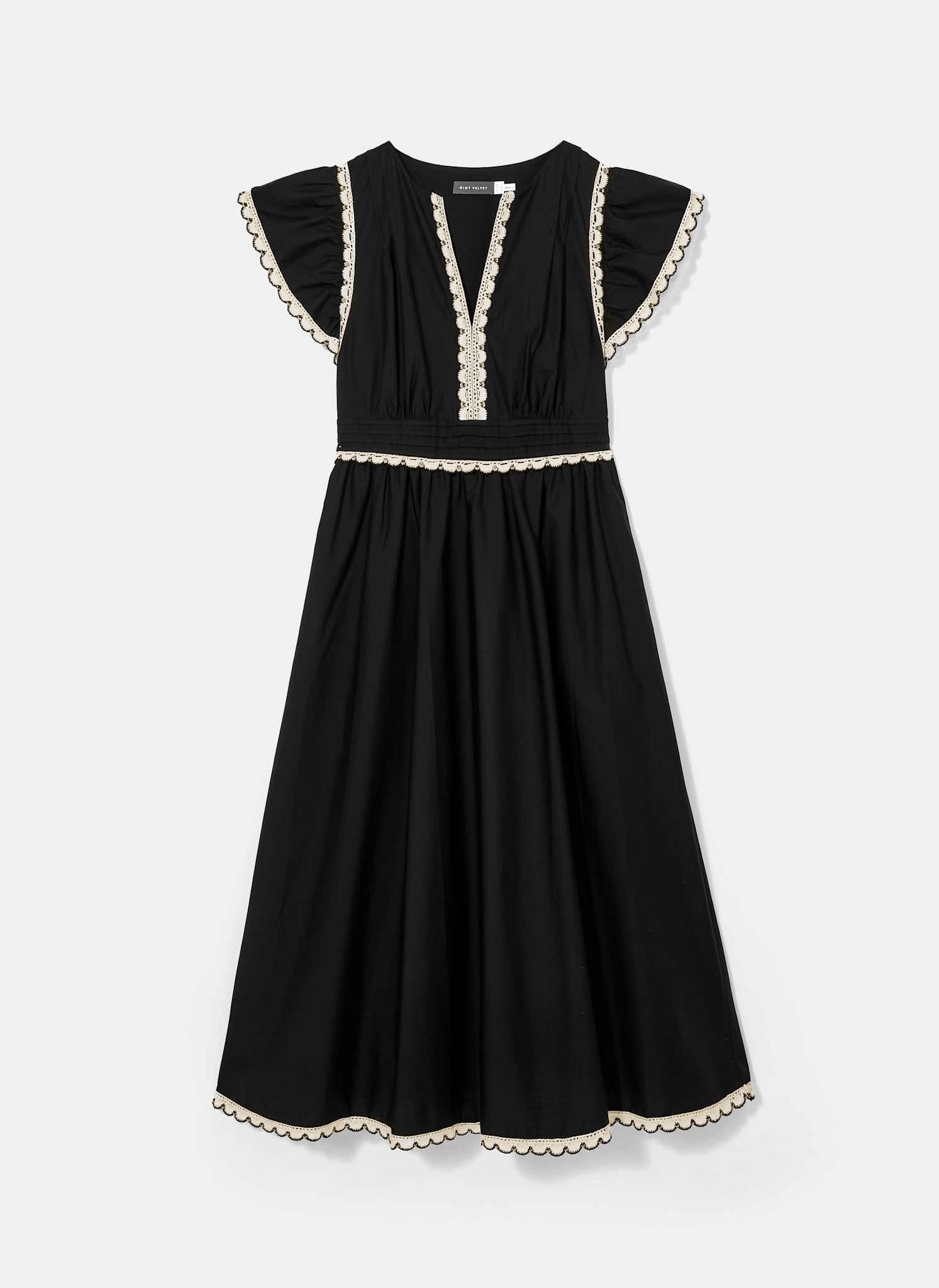 Black Cotton Scallop Trim Midi Dress
