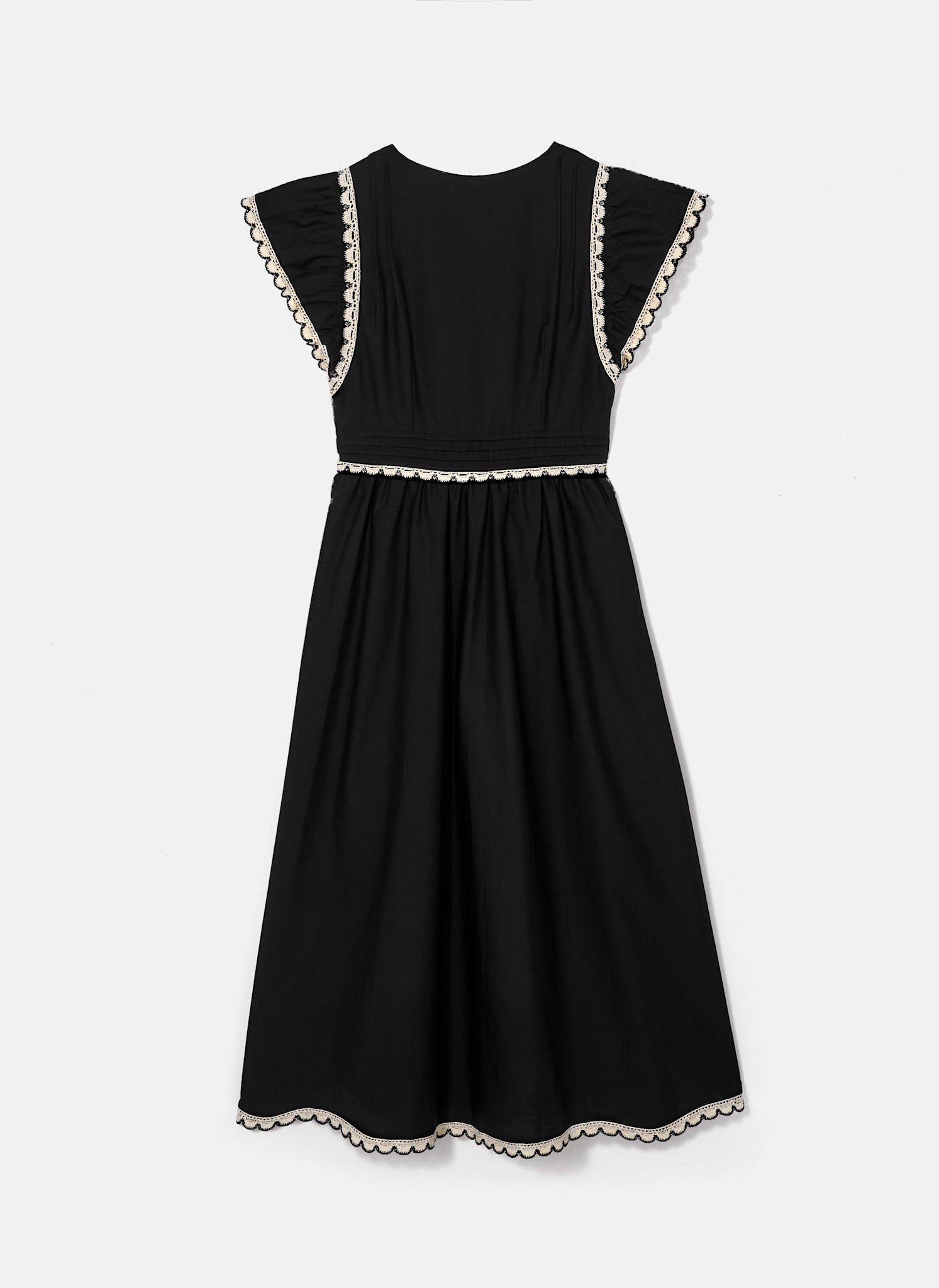 Black Cotton Scallop Trim Midi Dress