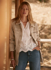 Neutral Washed Lace Trim Shacket