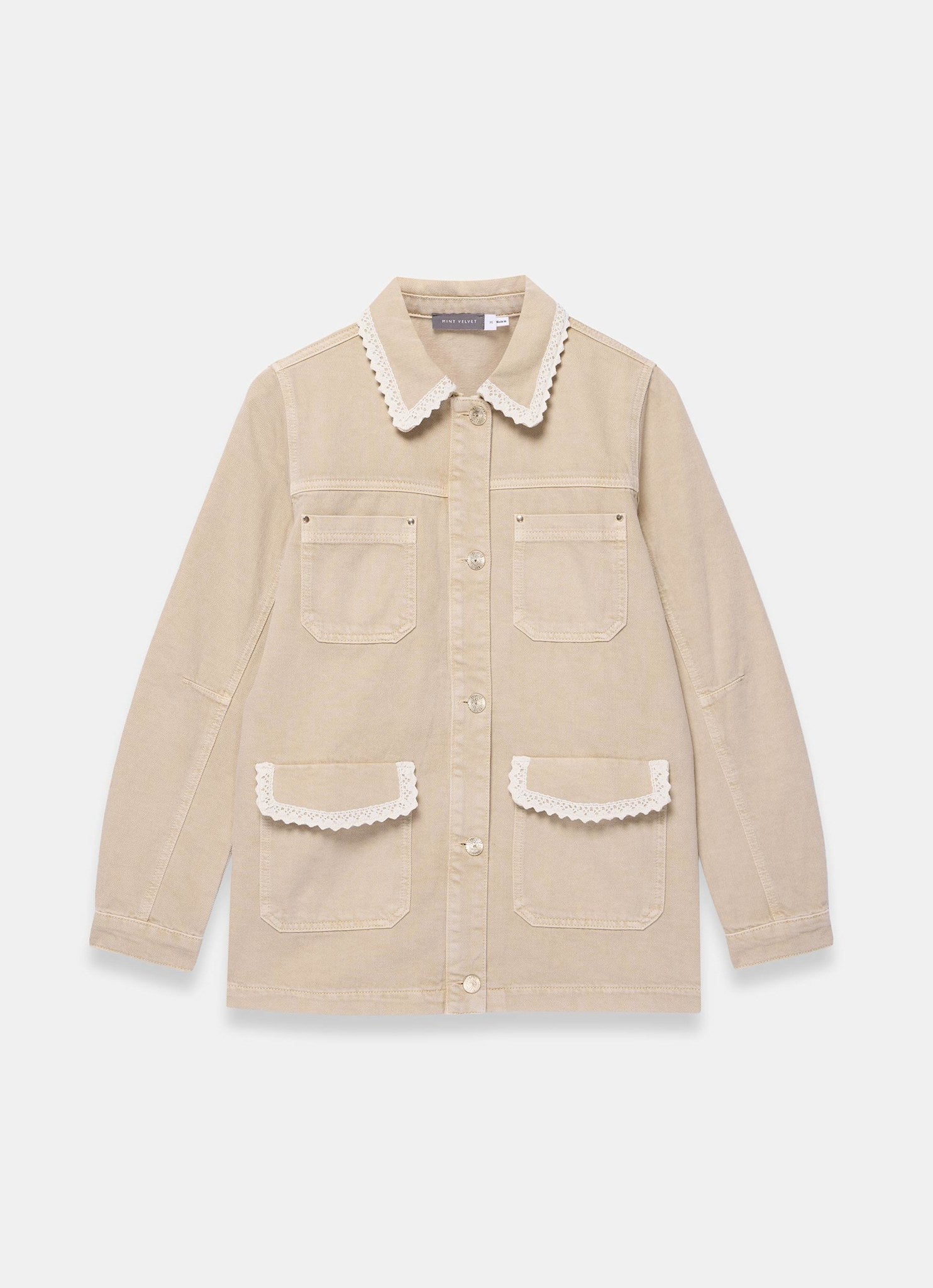 Neutral Washed Lace Trim Shacket