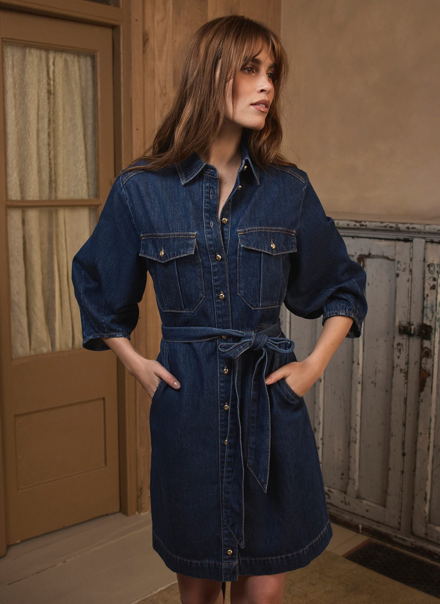 Mid Indigo Denim Mini Shirt Dress