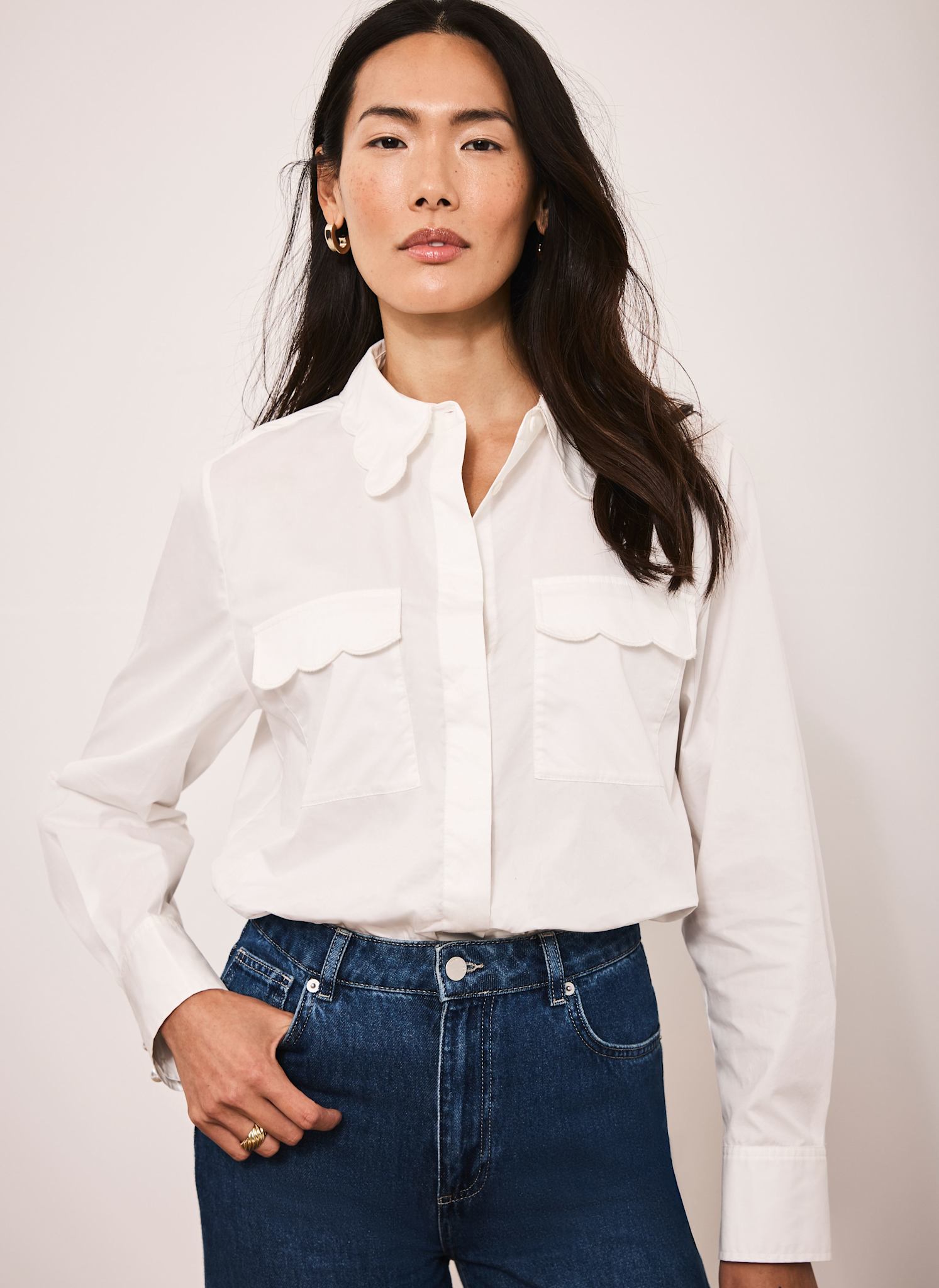 White Cotton Scallop Detail Shirt