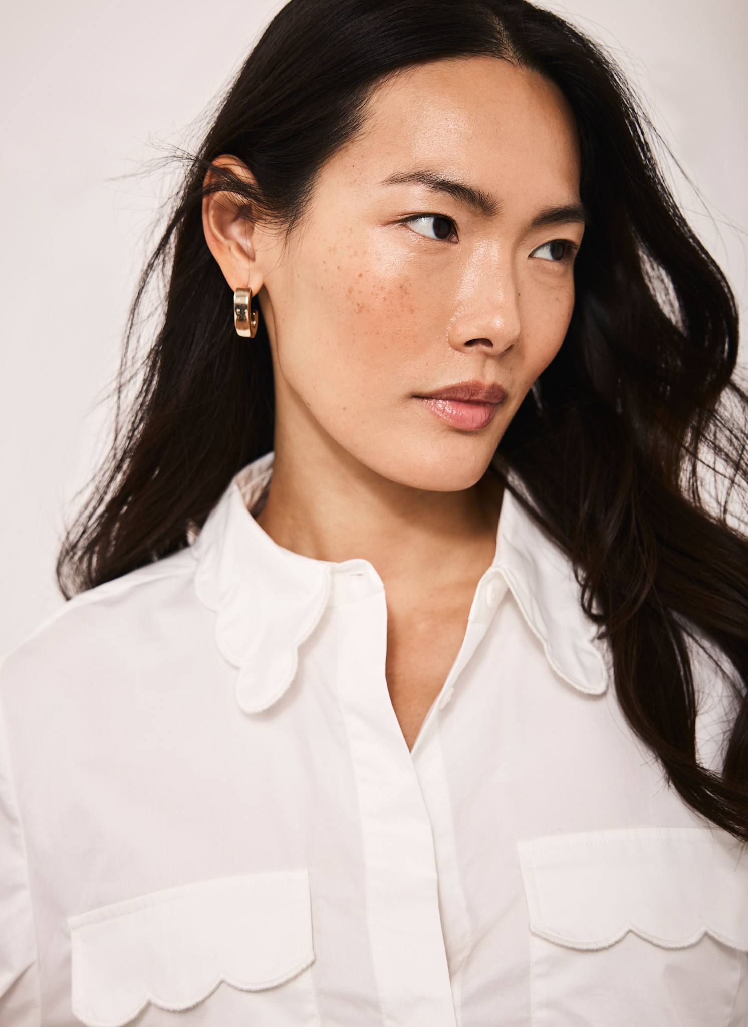 White Cotton Scallop Detail Shirt
