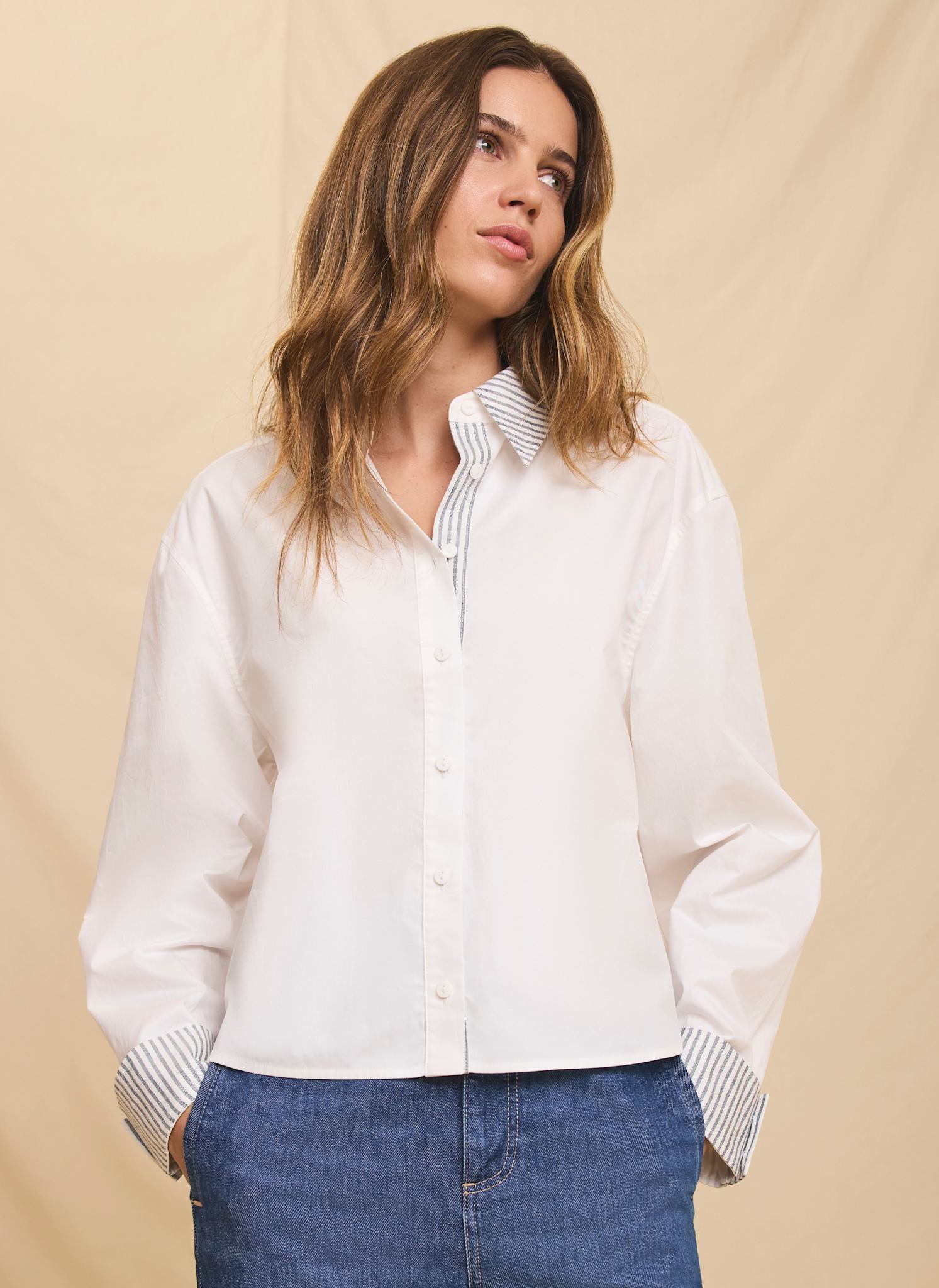 White Cotton Stripe Detail Cropped Shirt