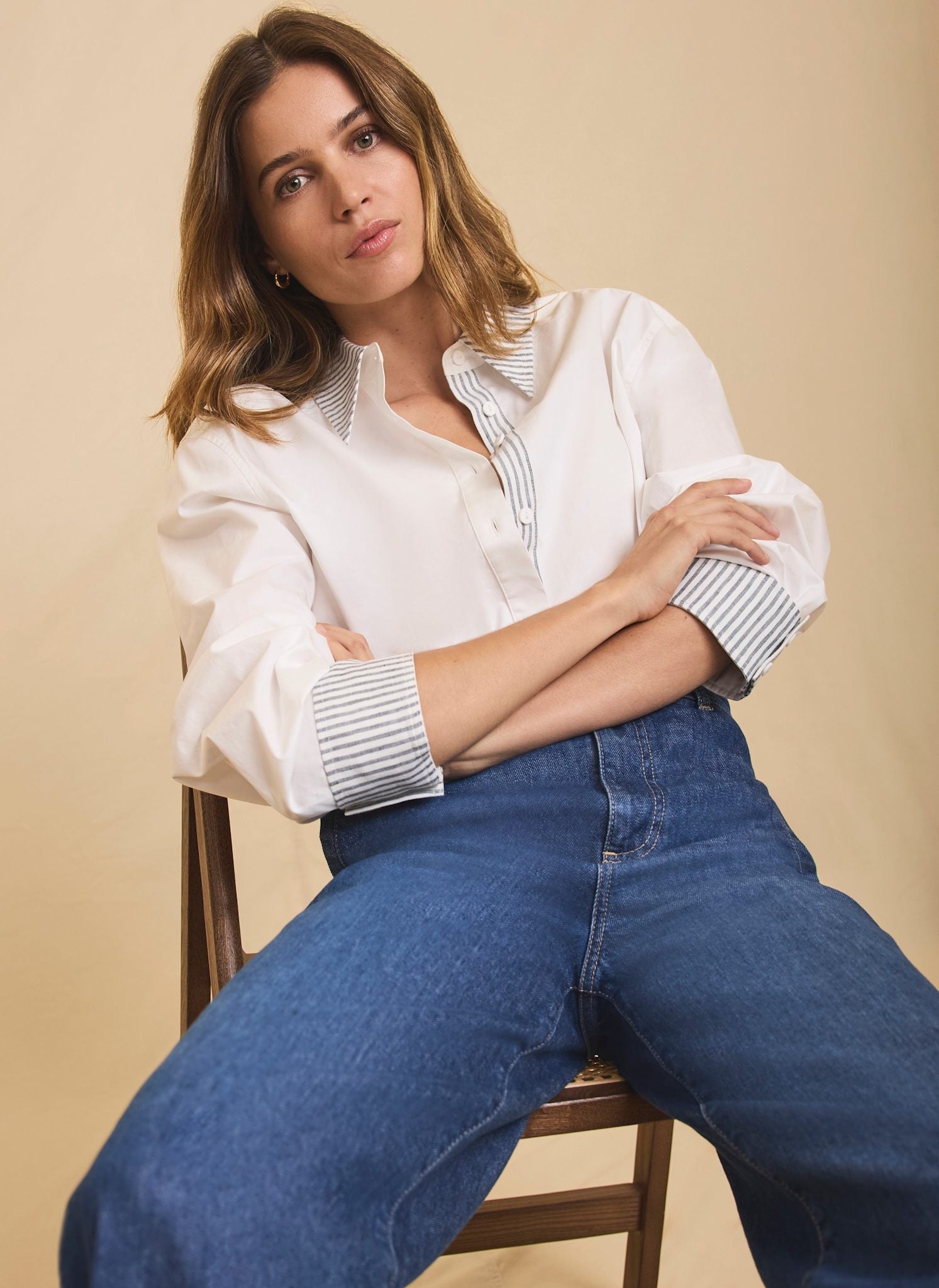 White Cotton Stripe Detail Cropped Shirt