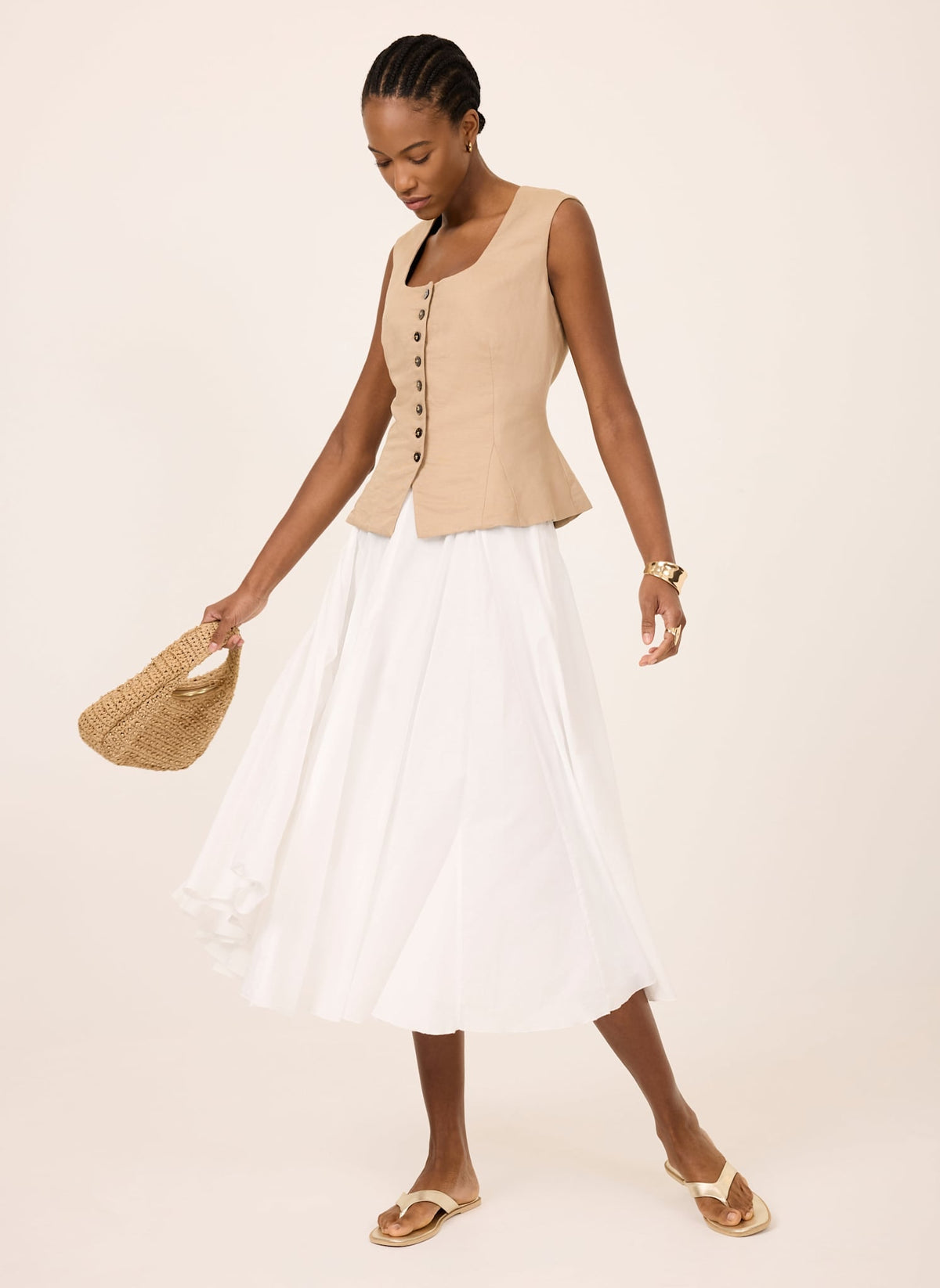 White Cotton Full Midi Skirt