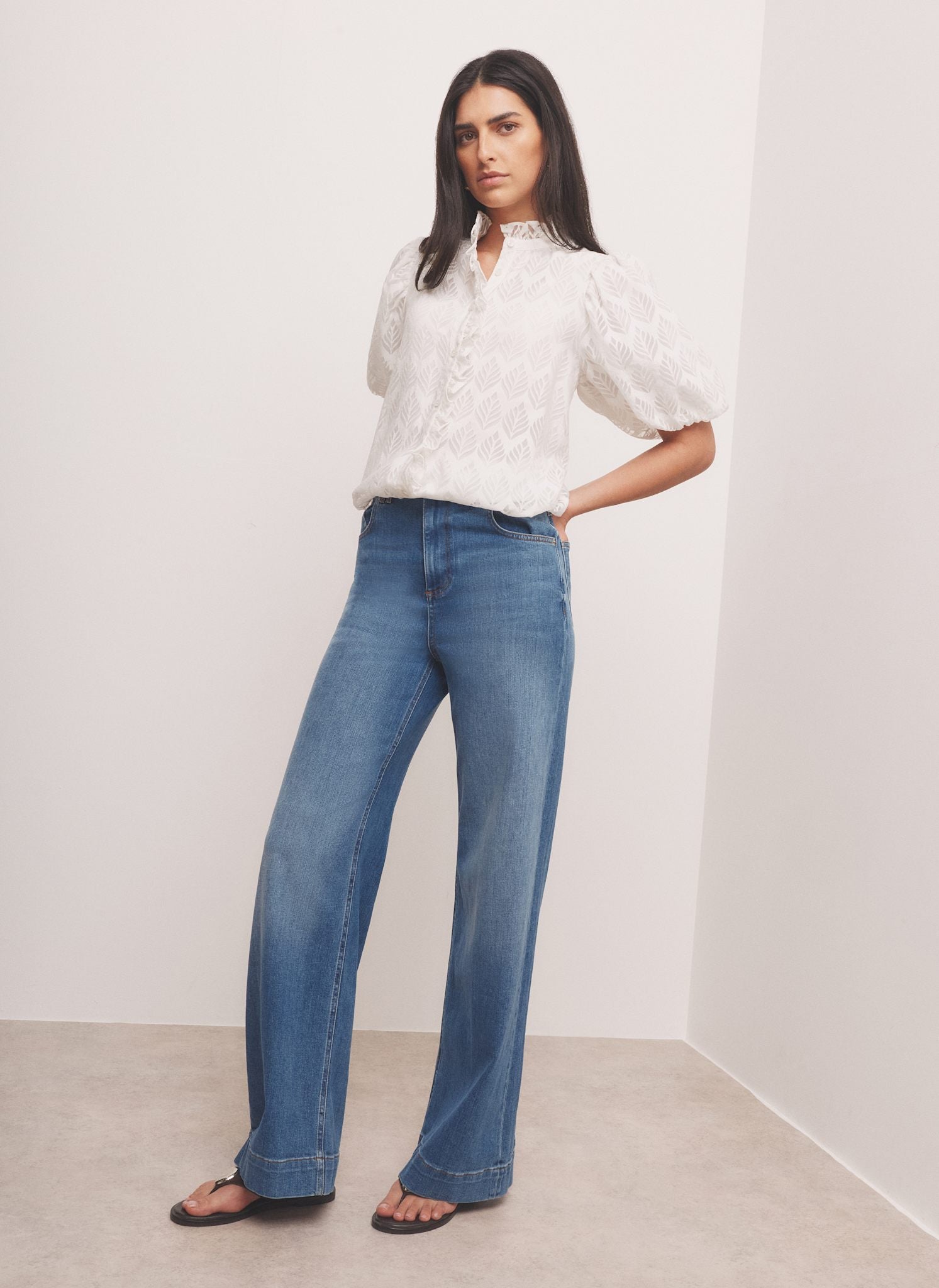 White Jacquard Ruffle Blouse