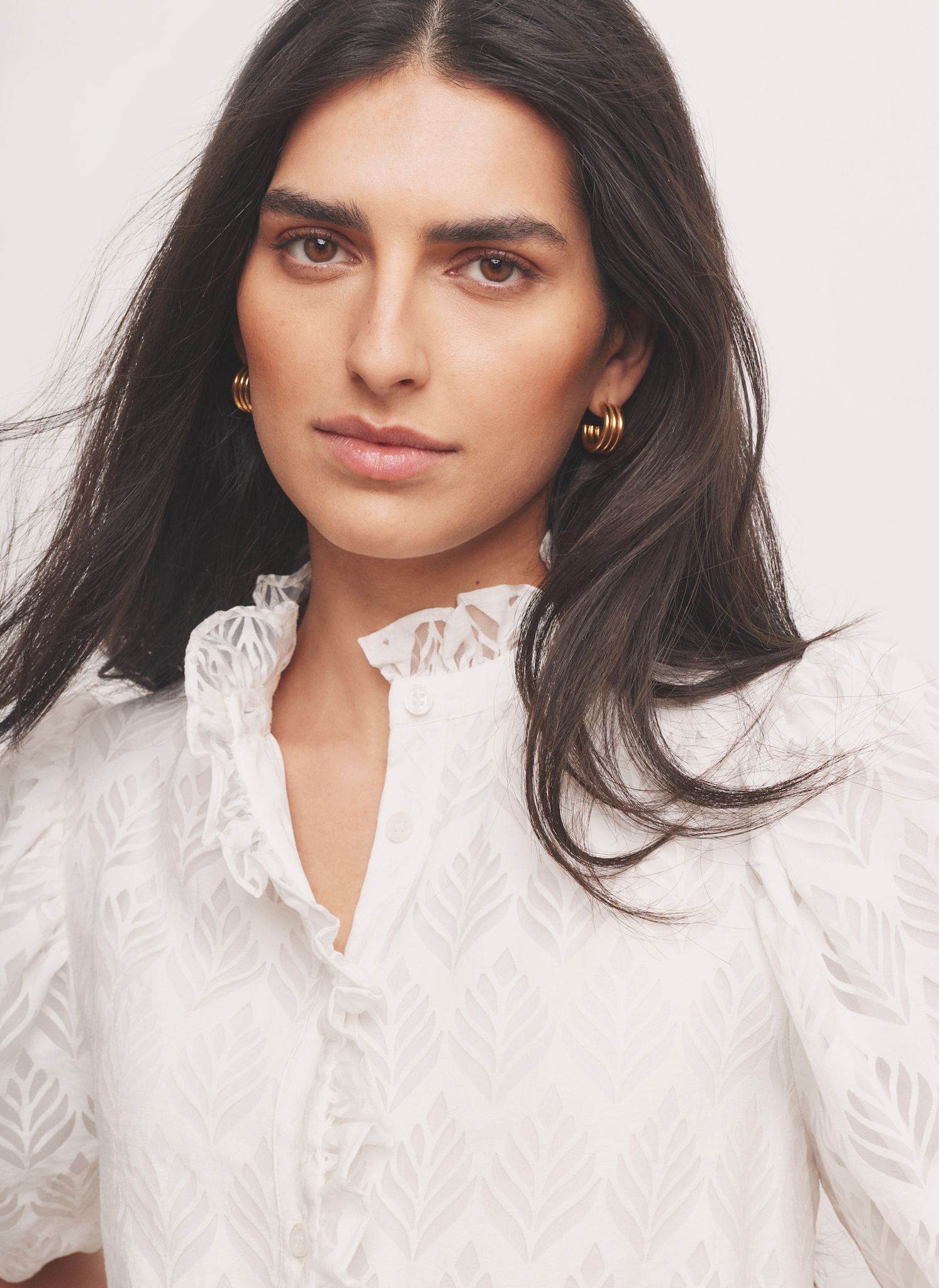 White Jacquard Ruffle Blouse