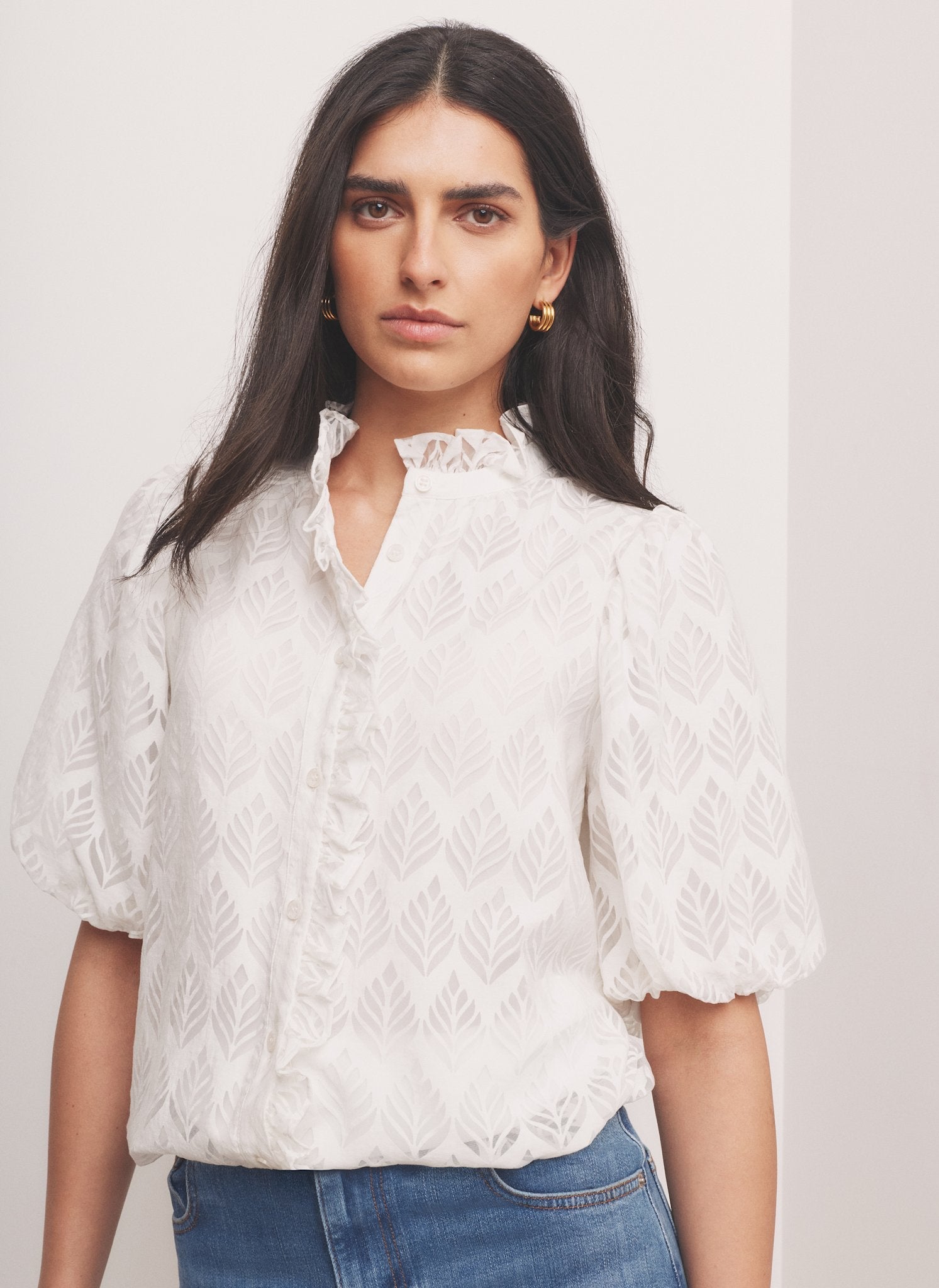 White Jacquard Ruffle Blouse