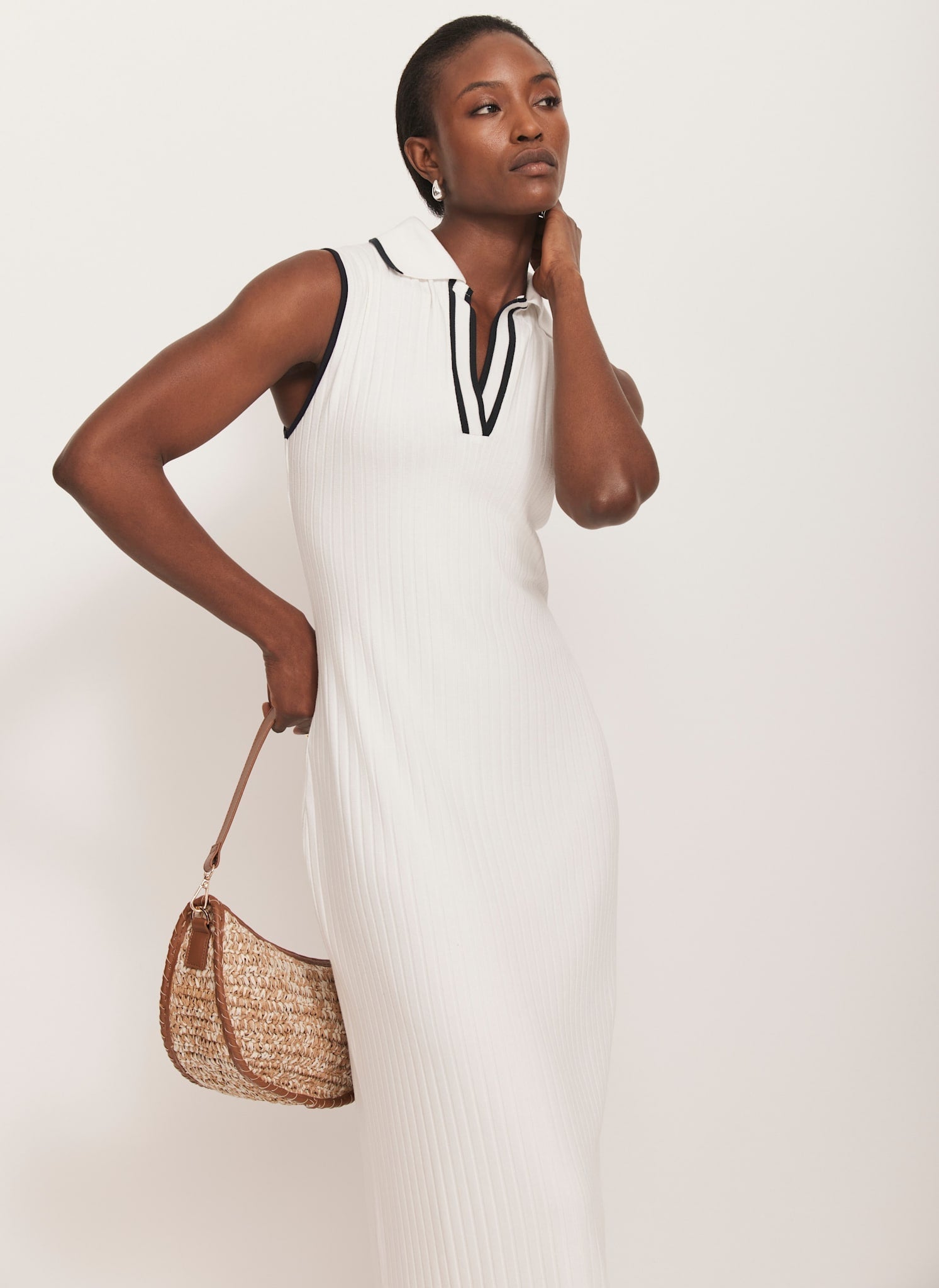 White Jersey Sleeveless Polo Midi Dress