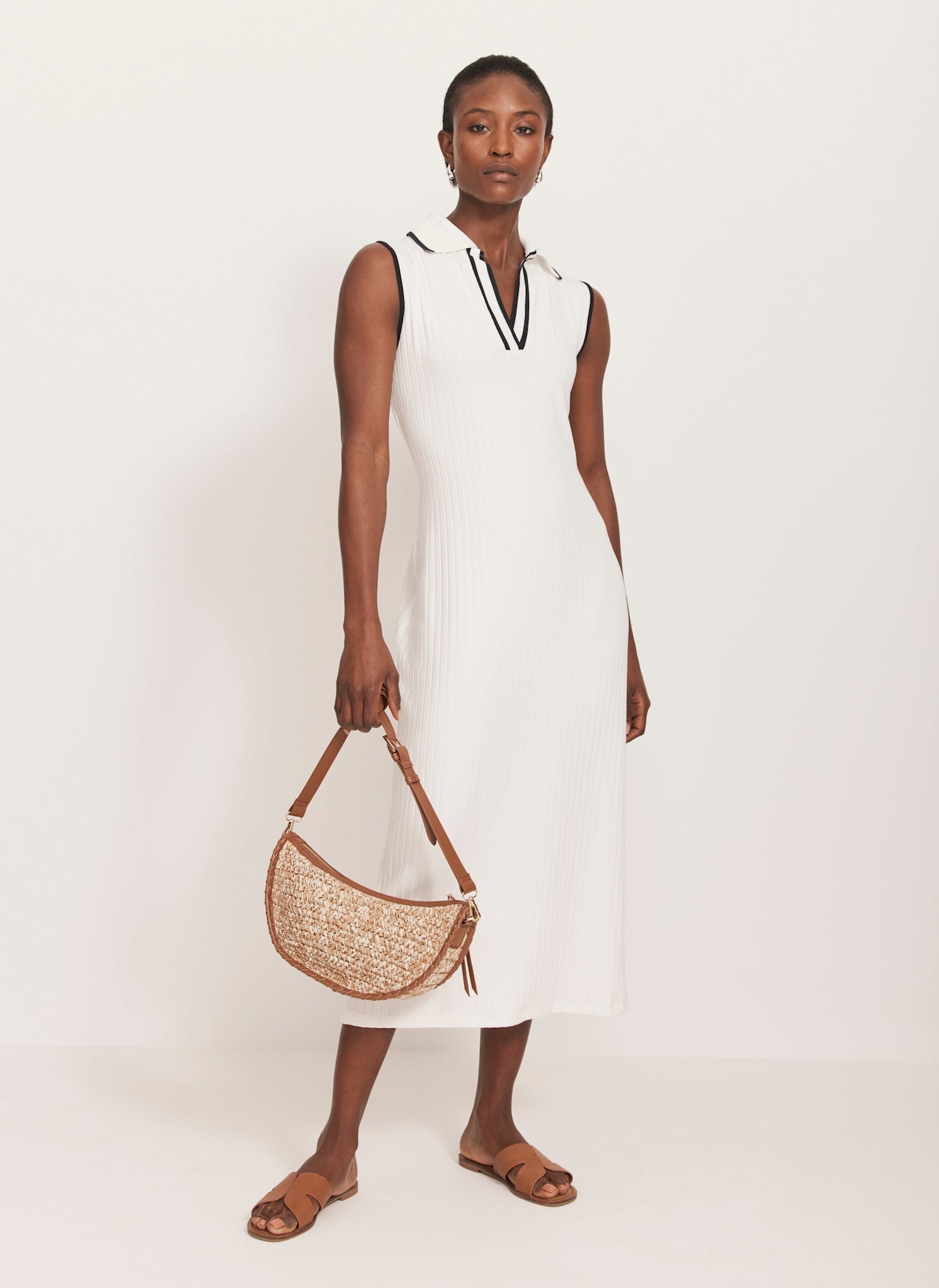 White Jersey Sleeveless Polo Midi Dress