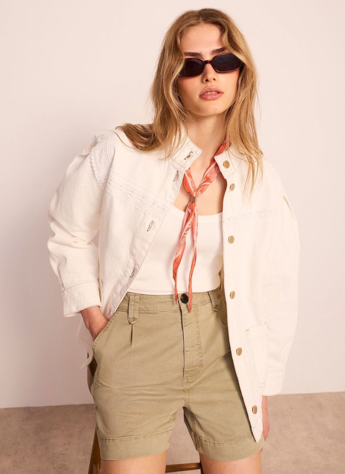White Lace Trim Denim Jacket