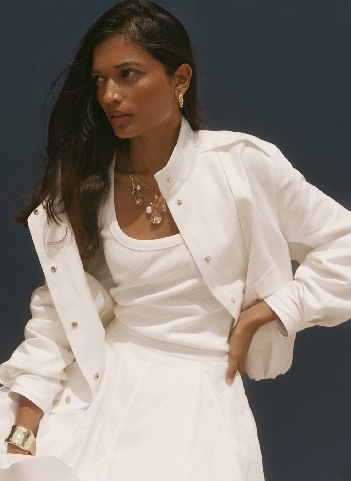 White Linen Blend Bomber Jacket