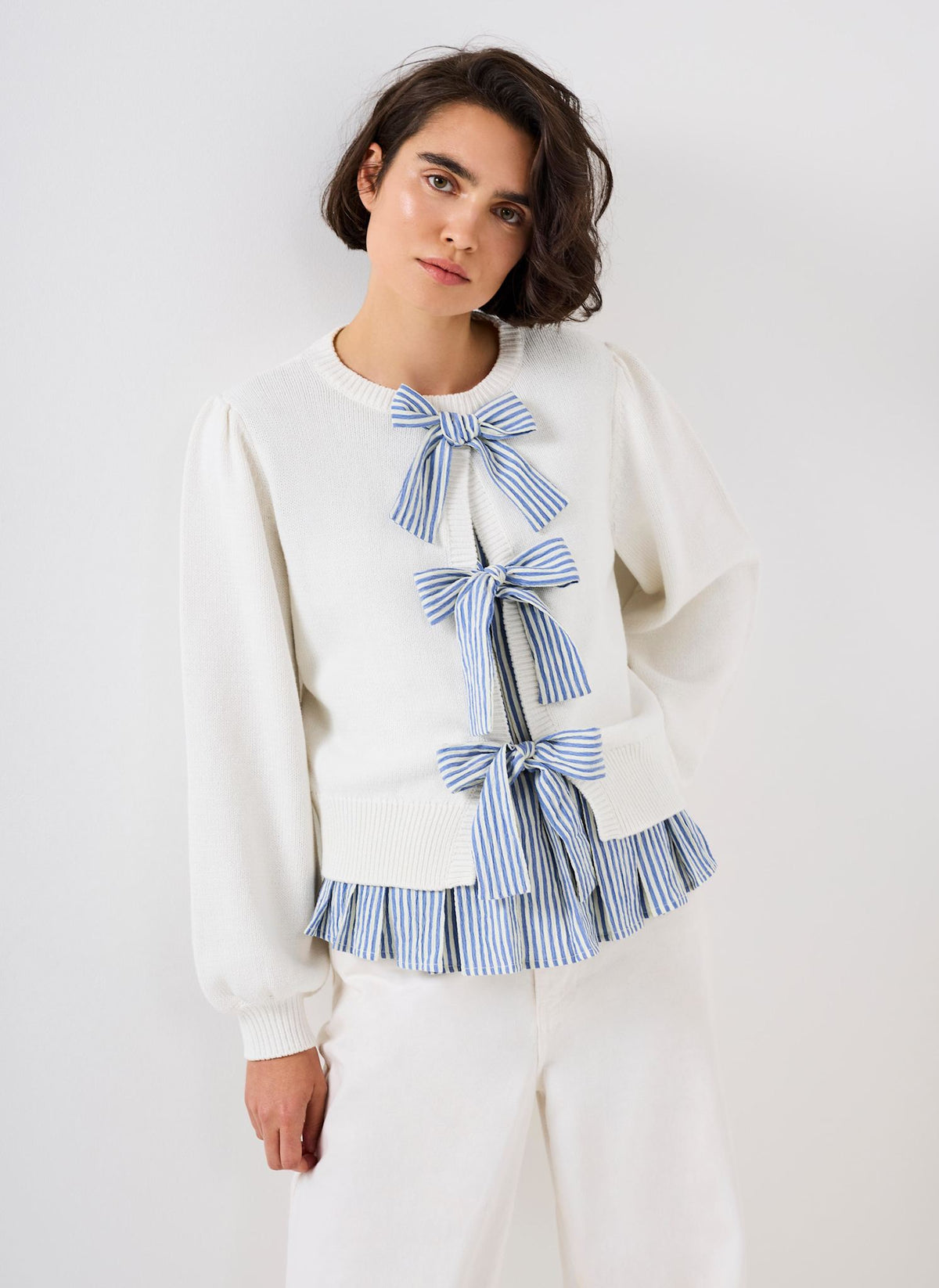 White Cotton Blend Bow Detail Jumper