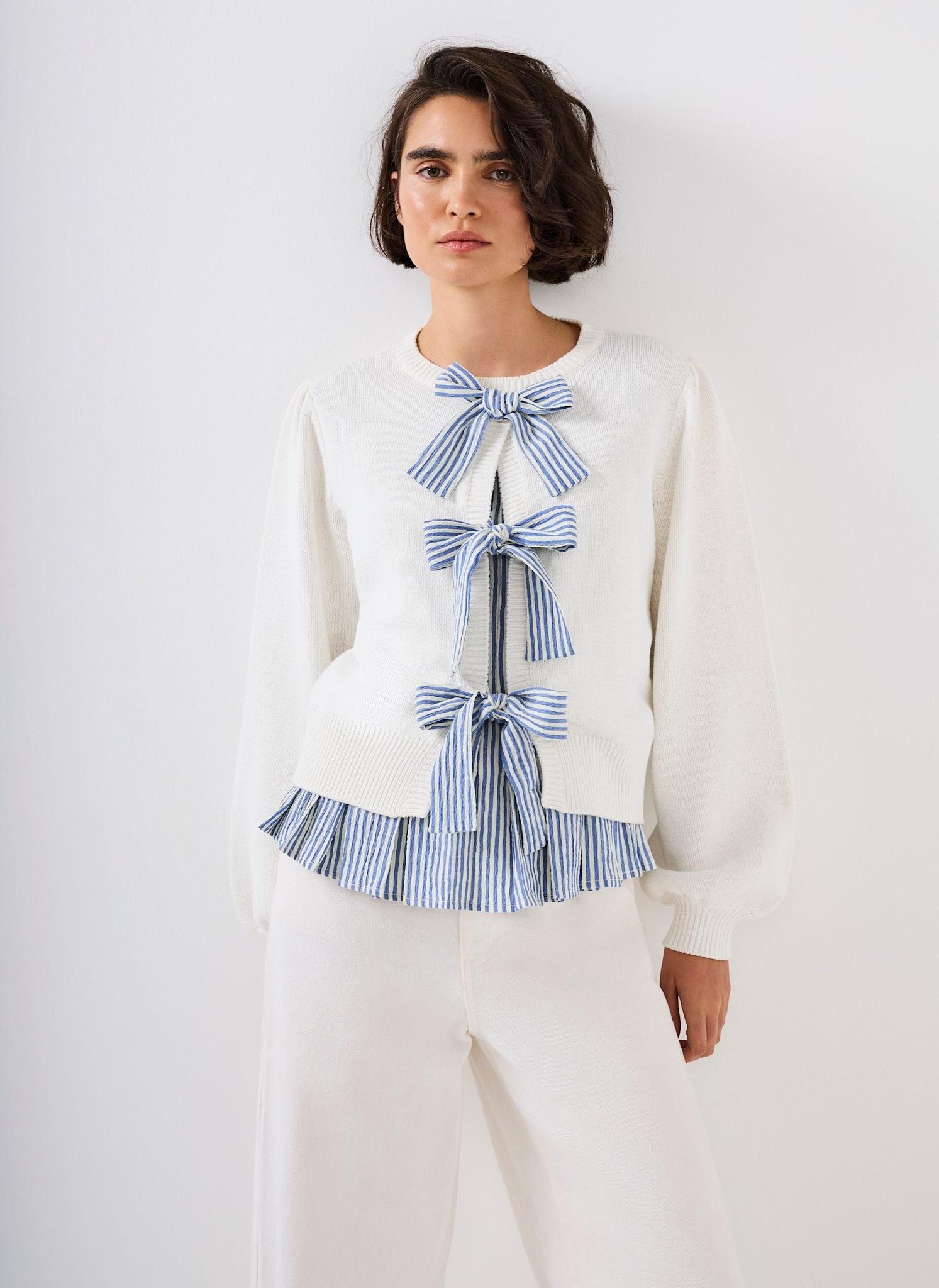 White Cotton Blend Bow Detail Jumper