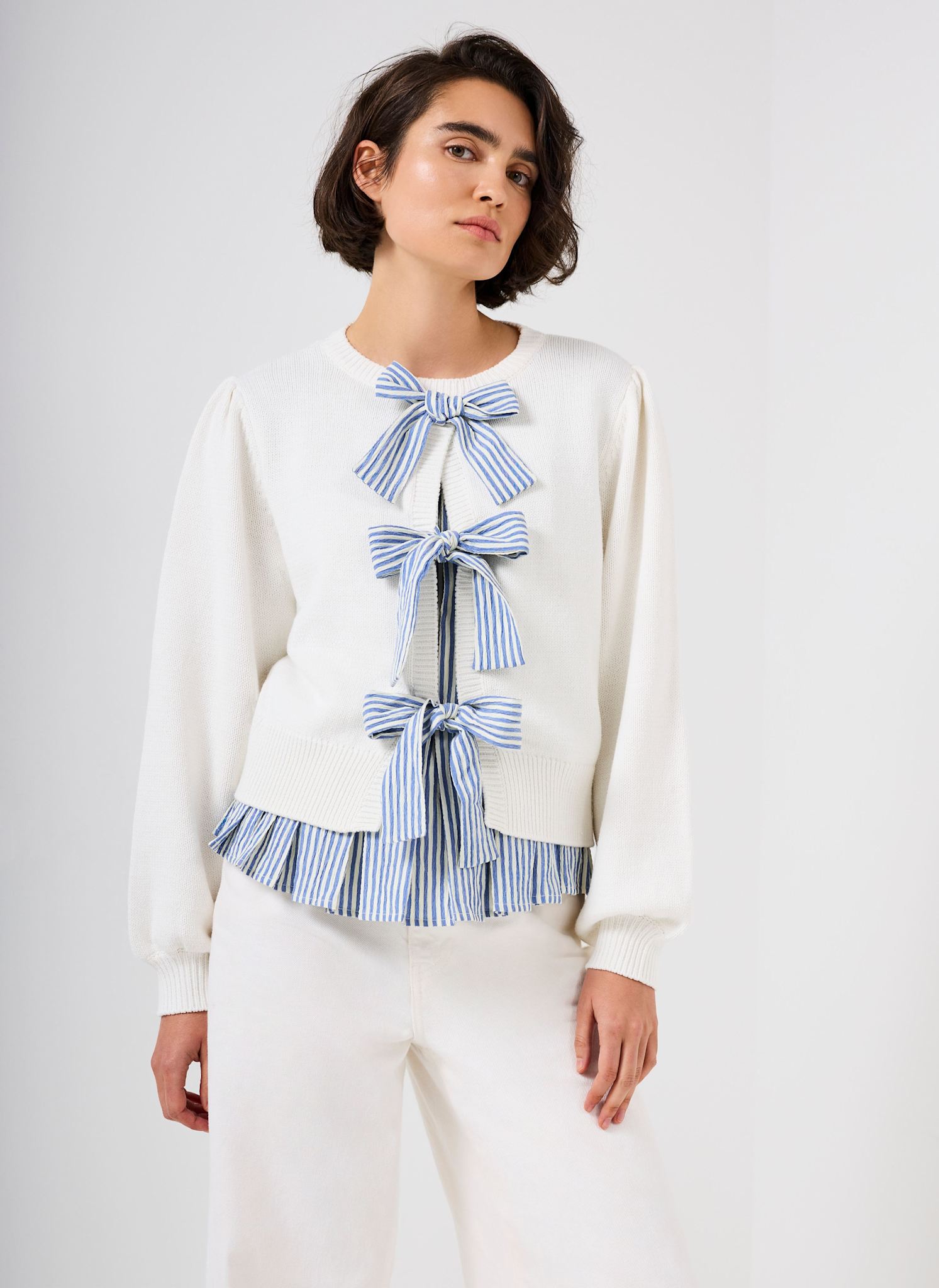 White Cotton Blend Bow Detail Jumper