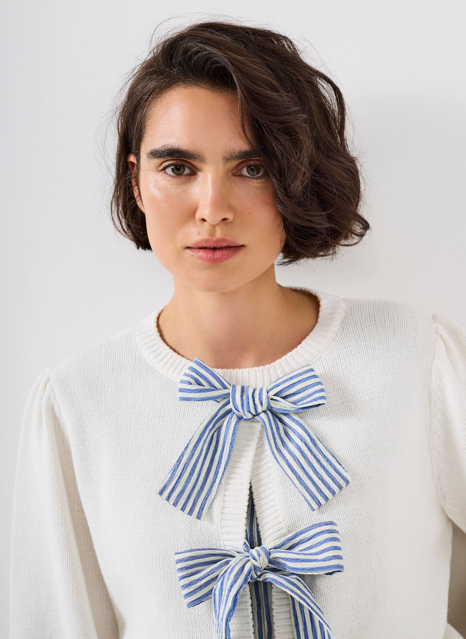 White Cotton Blend Bow Detail Jumper