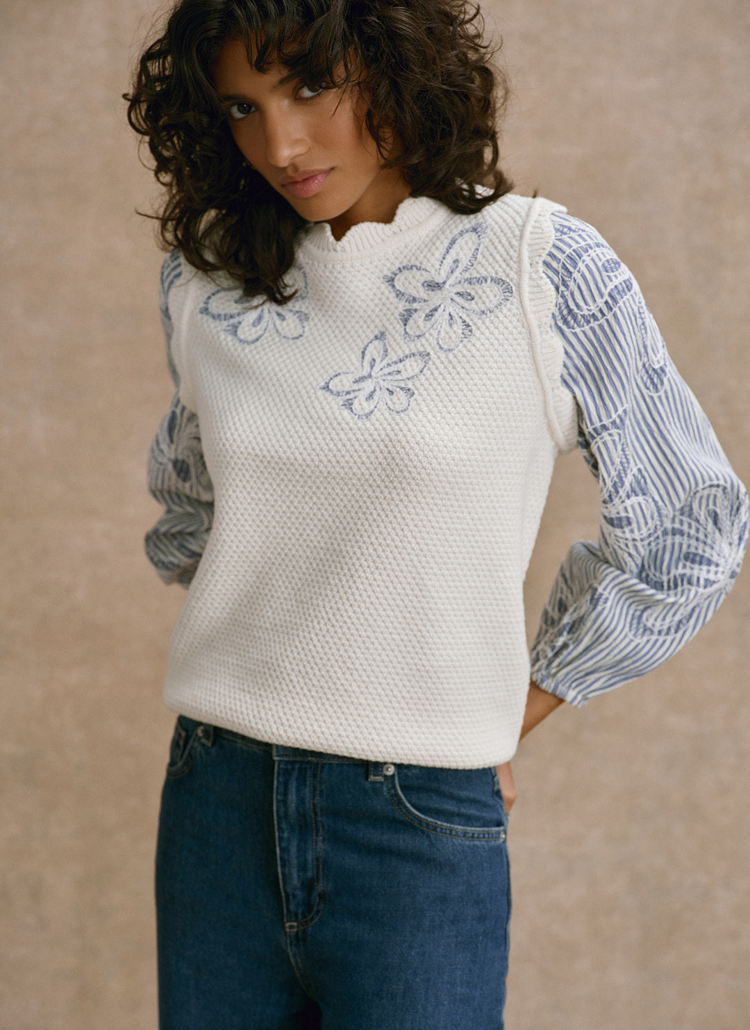 Neutral Cotton Blend Striped Layered  Jumper