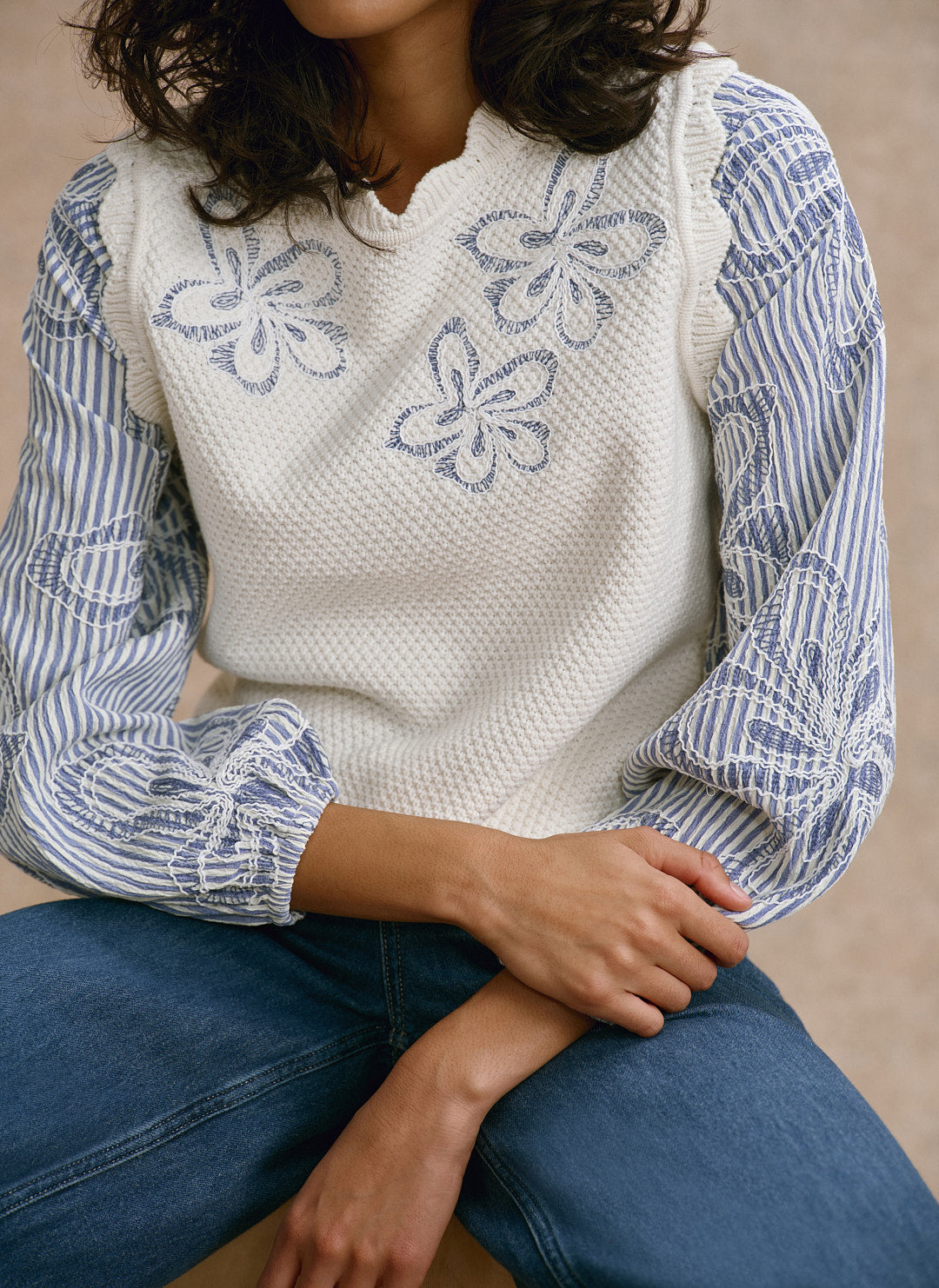Neutral Cotton Blend Striped Layered  Jumper