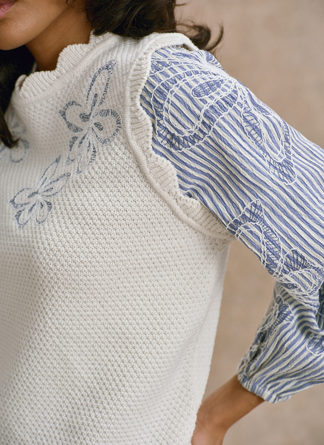 Neutral Cotton Blend Striped Layered  Jumper