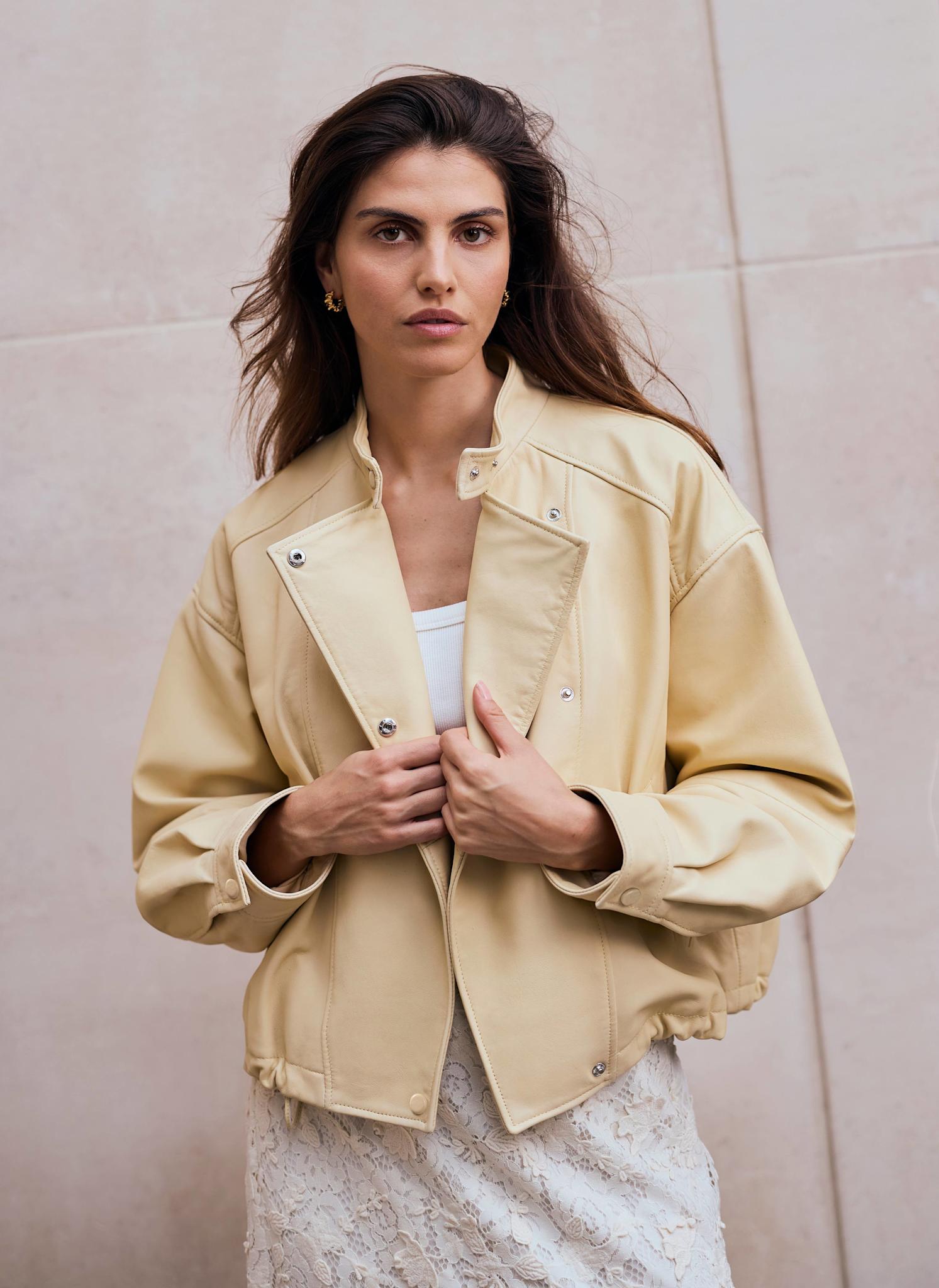 Butter Yellow Leather Cropped Pilot Bomber Jacket