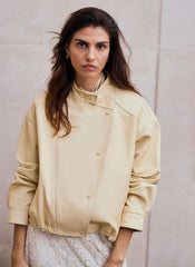 Butter Yellow Leather Cropped Pilot Bomber Jacket