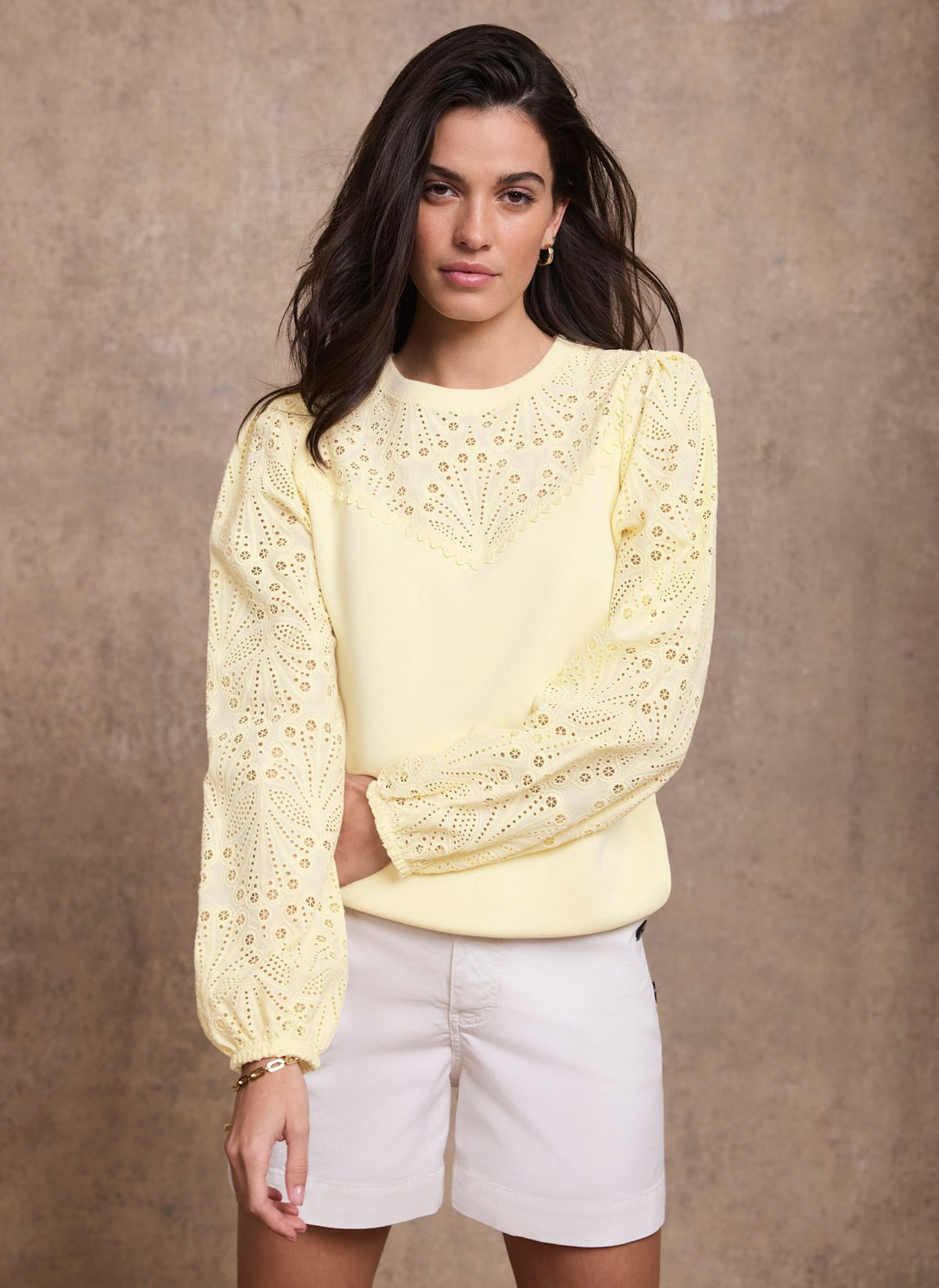 Yellow Cotton Blend Broderie Sweatshirt