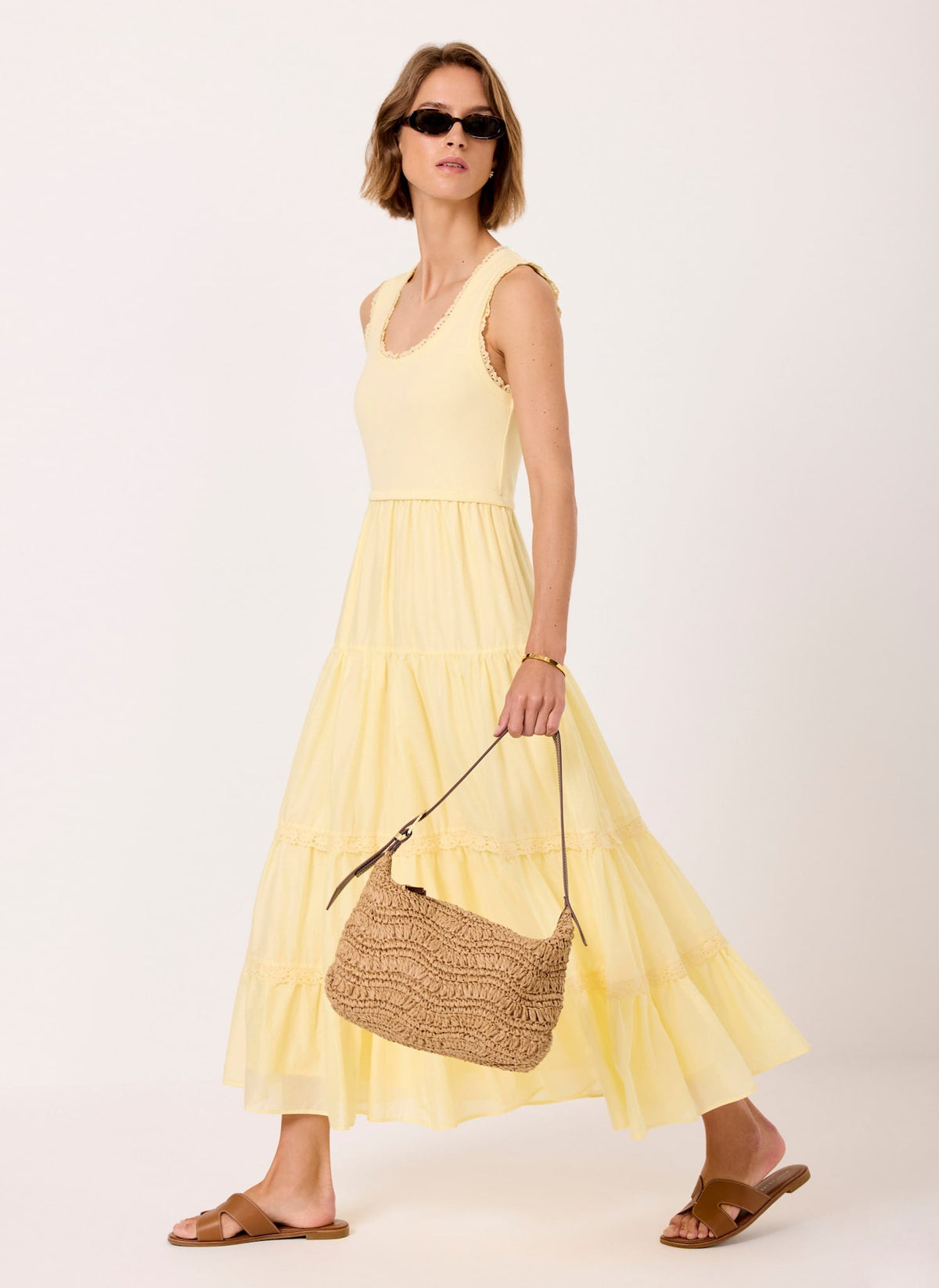 Yellow Crochet Trim Tiered Midi Dress