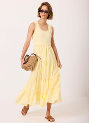 Yellow Crochet Trim Tiered Midi Dress