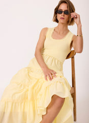 Yellow Crochet Trim Tiered Midi Dress