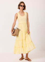 Yellow Crochet Trim Tiered Midi Dress