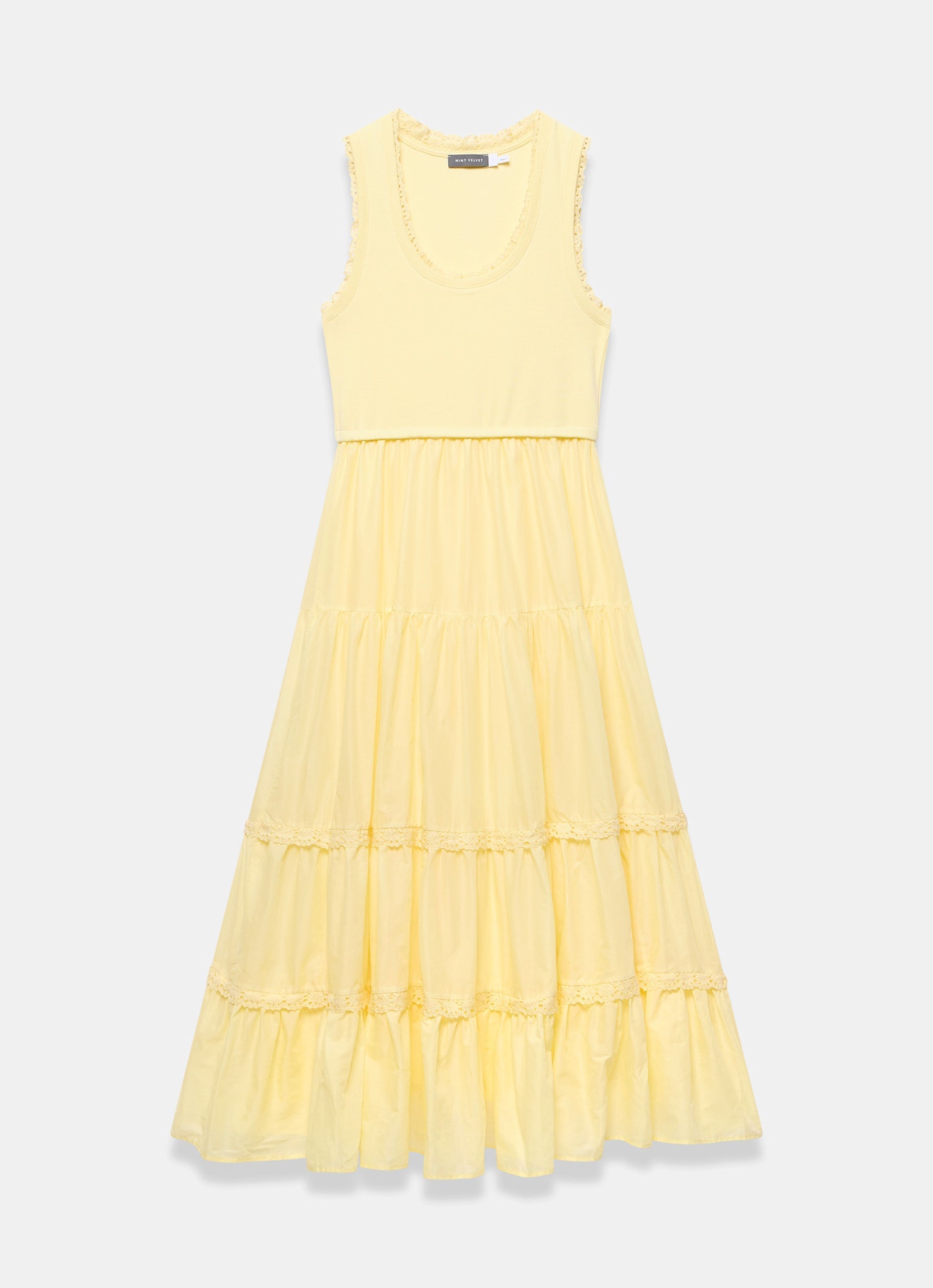 Yellow Crochet Trim Tiered Midi Dress
