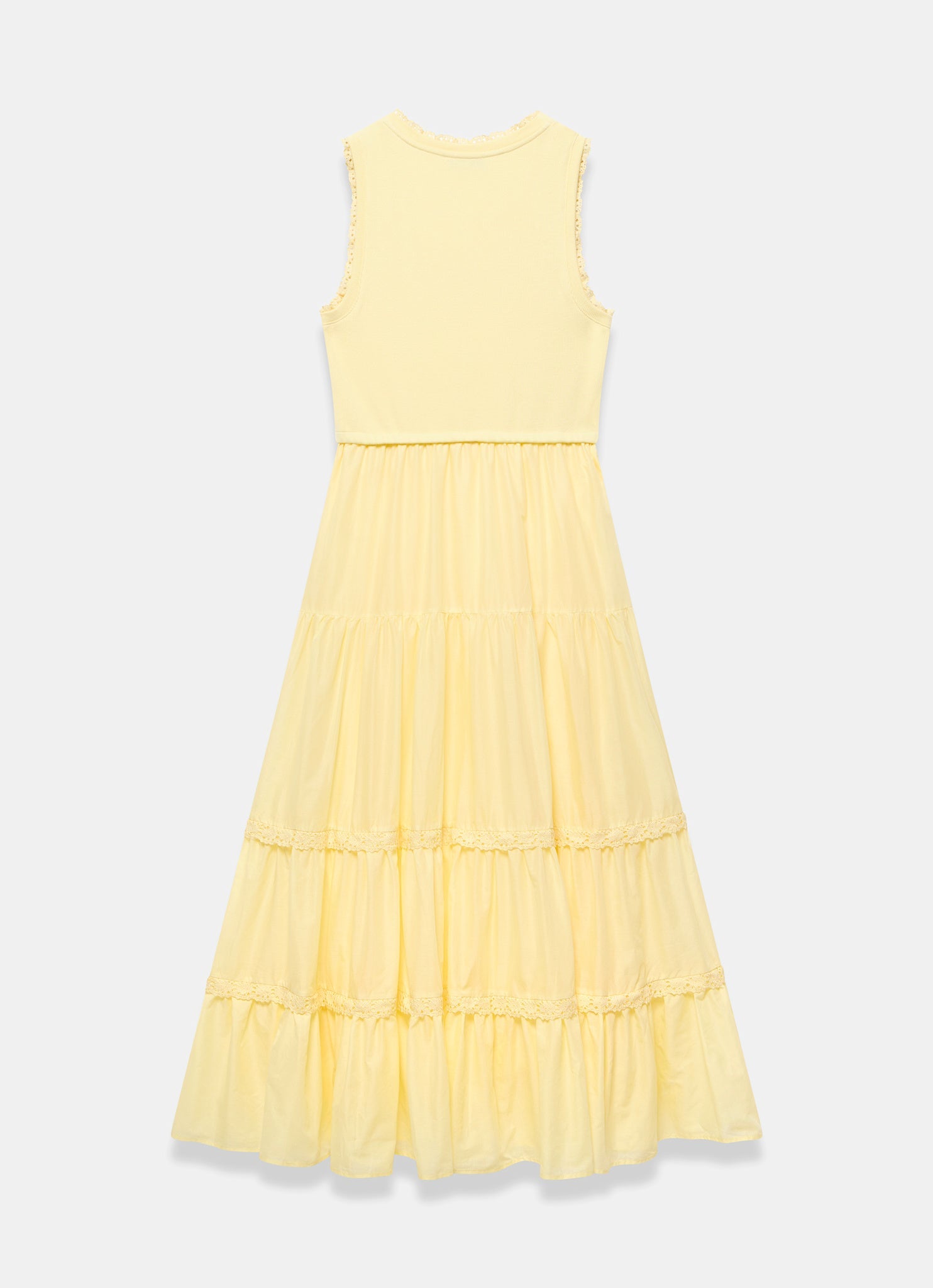Yellow Crochet Trim Tiered Midi Dress
